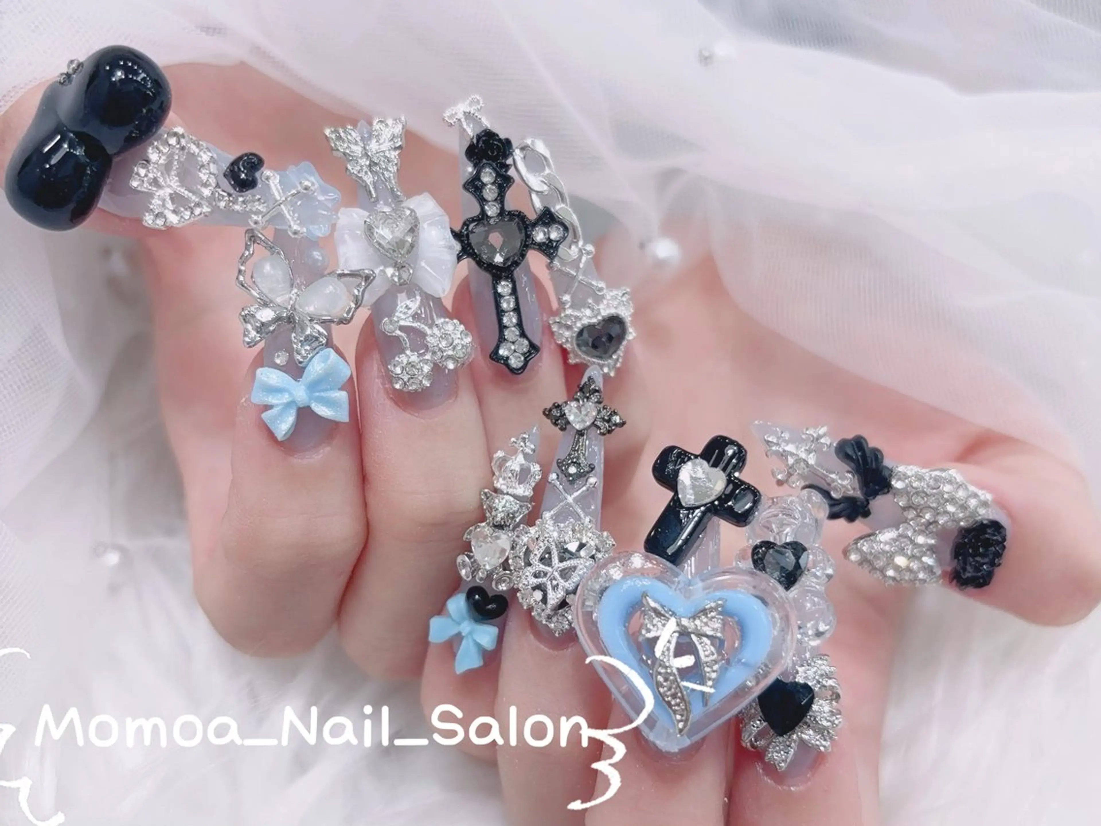 ネイル 成人式 ロングネイル マグネットネイル 大理石ネイル(マーブル) 持ち込み ハンドネイル MoMoA Nail ネイル長さ出し専門店のネイルデザイン