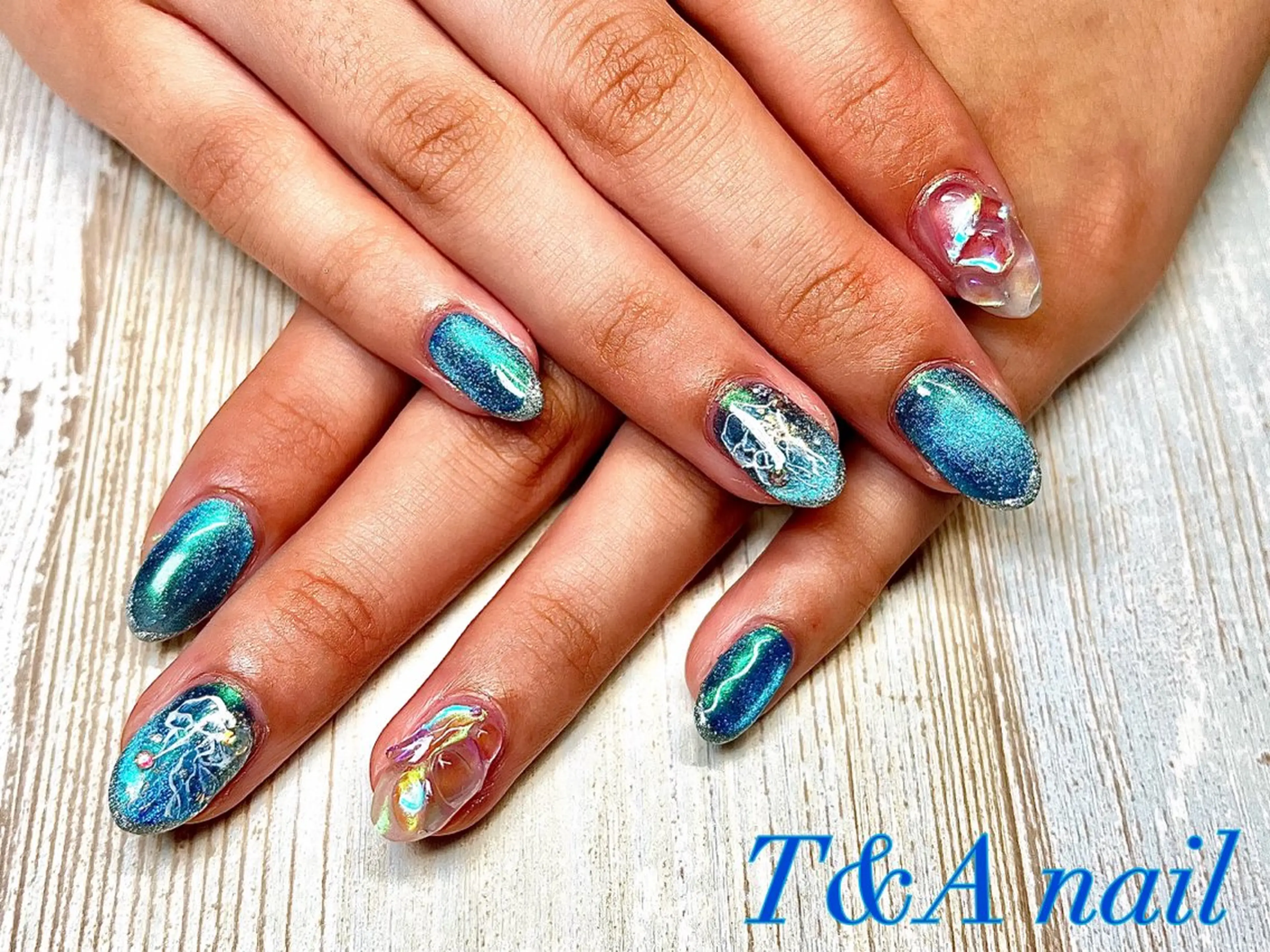 ネイル ブルー 長さ出し ジェルネイル マグネットネイル ニュアンスネイル ハンドネイル T&A nailのネイルデザイン