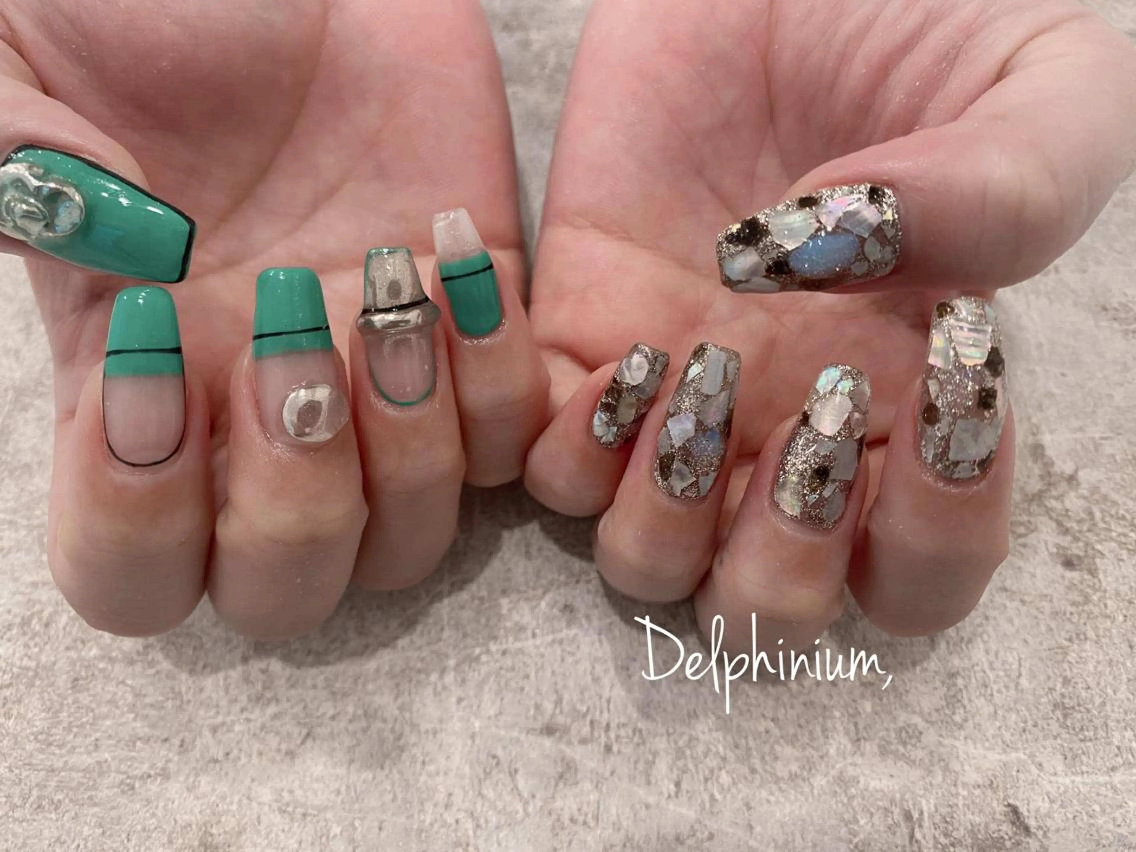 ネイル グリーン ピンク ハンドネイル 岡本 友恵のネイルデザイン