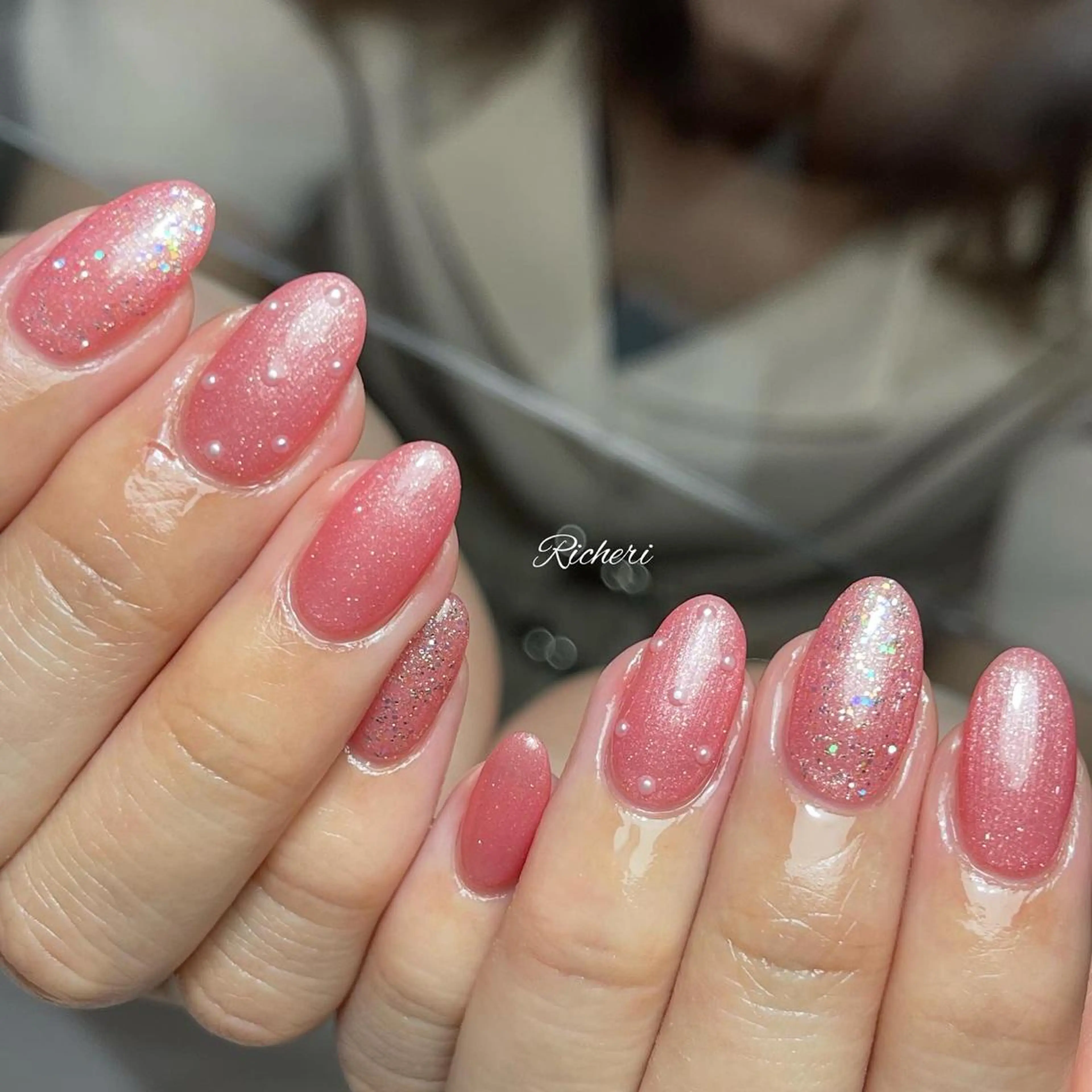 ミディアム ネイル 韓国風ヘア アートネイル フラワーネイル フレンチネイル ジェルネイル richeri beautyのネイルデザイン