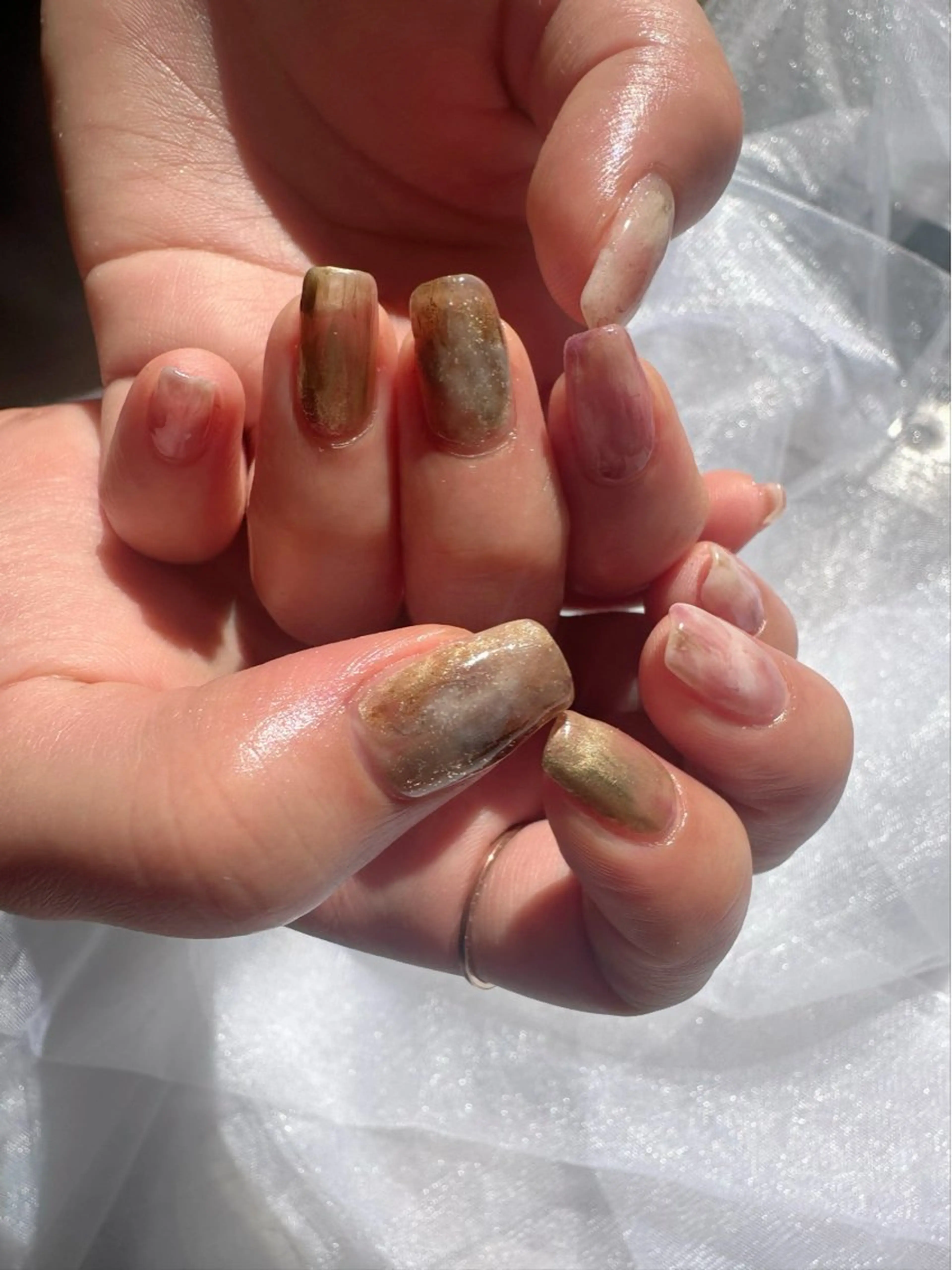 ネイル 桜ネイル クリアネイル ゴールド 氷ネイル・うるうるネイル 韓国ネイル 🪞KAPE NAIL 🪞のネイルデザイン