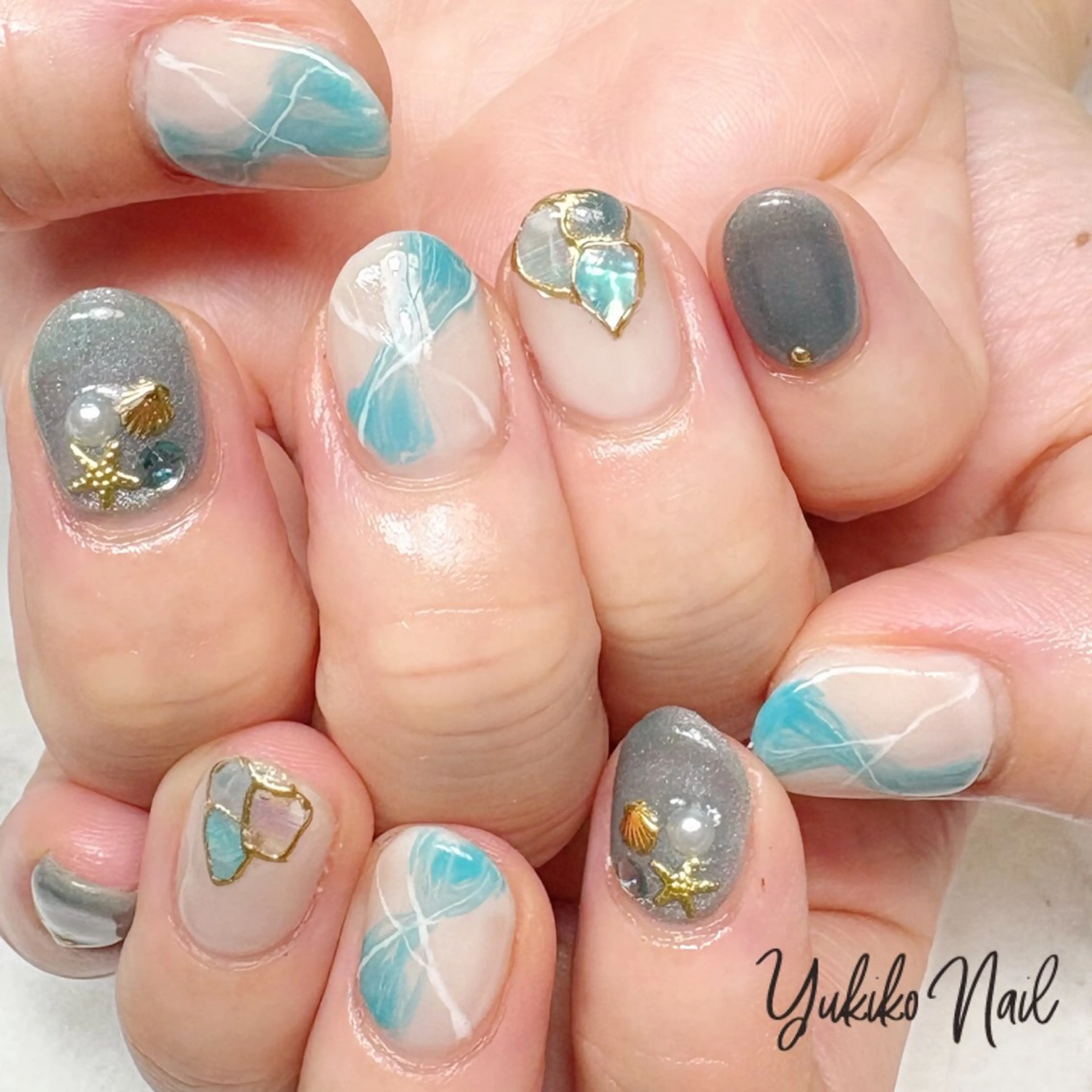 ネイル ブルー 大理石ネイル(マーブル) ニュアンスネイル 夏ネイル ハンドネイル ユキコ ネイルのネイルデザイン