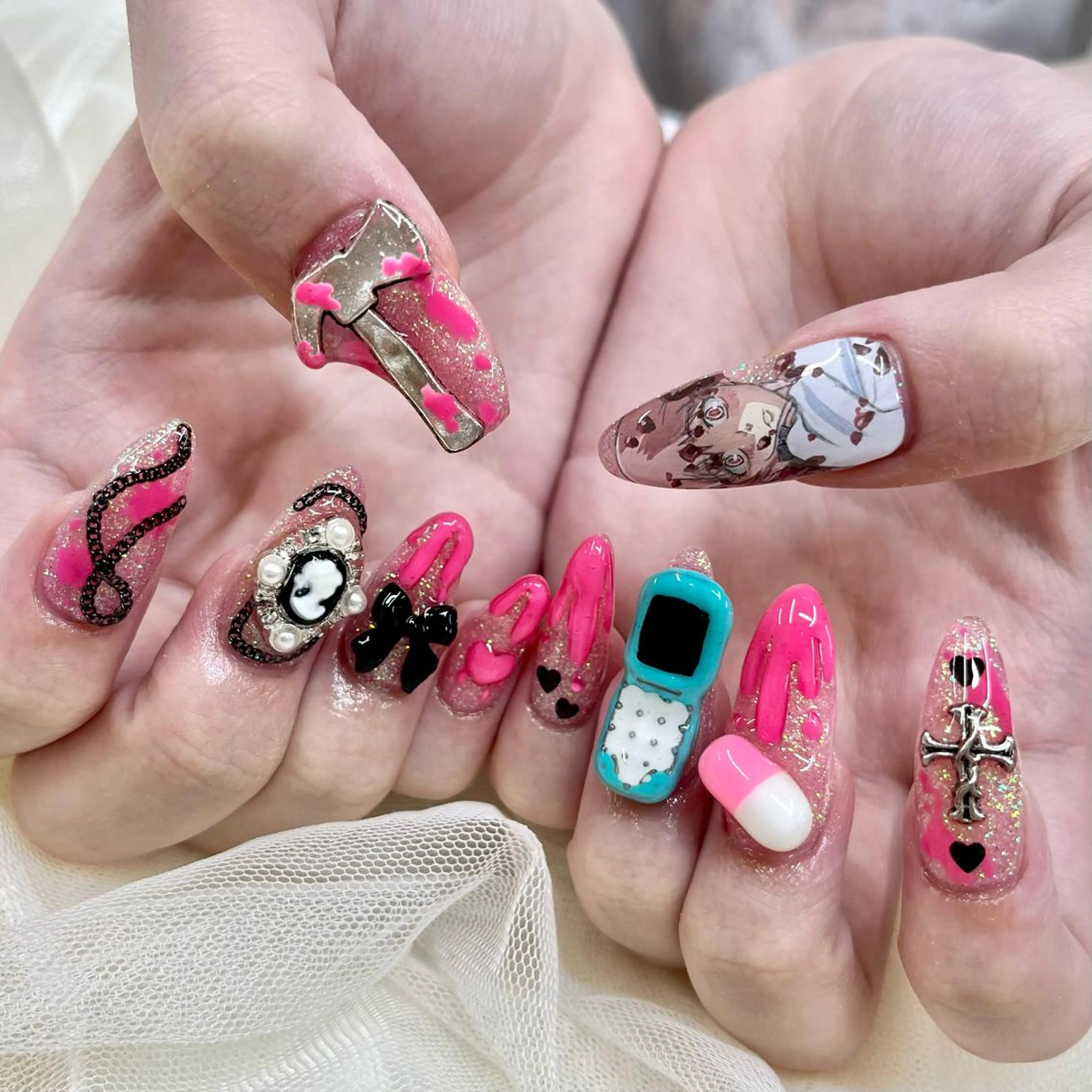 ロング ネイル 持ち込み リボン ハンドネイル 池袋痛ネイル Nok. 渡辺のネイルデザイン