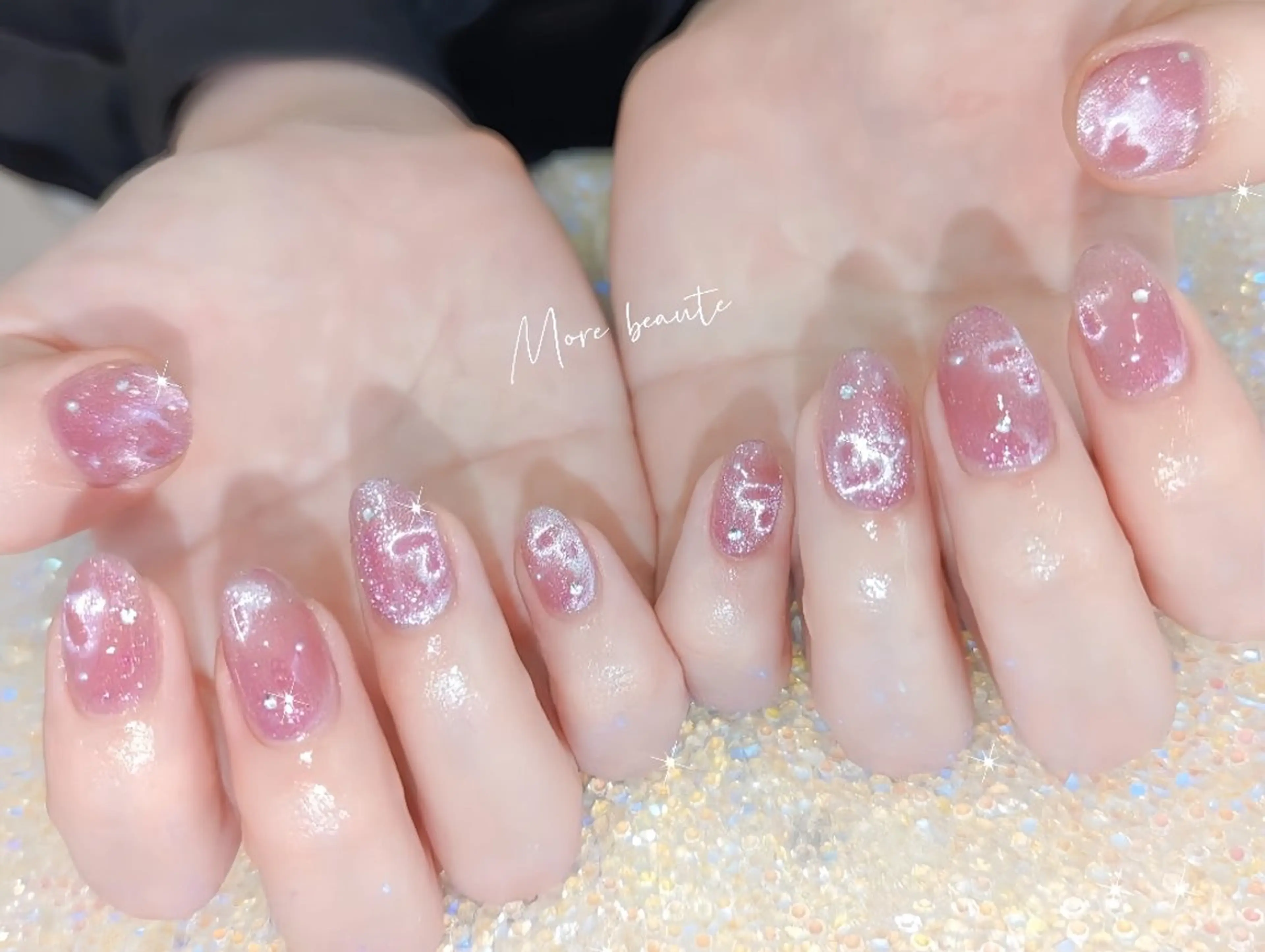 ネイル 長さ出し ジェルネイル ハート 韓国ネイル マグネットネイル ハンドネイル I LOVE ME  NAIL.｡.:*♡のネイルデザイン