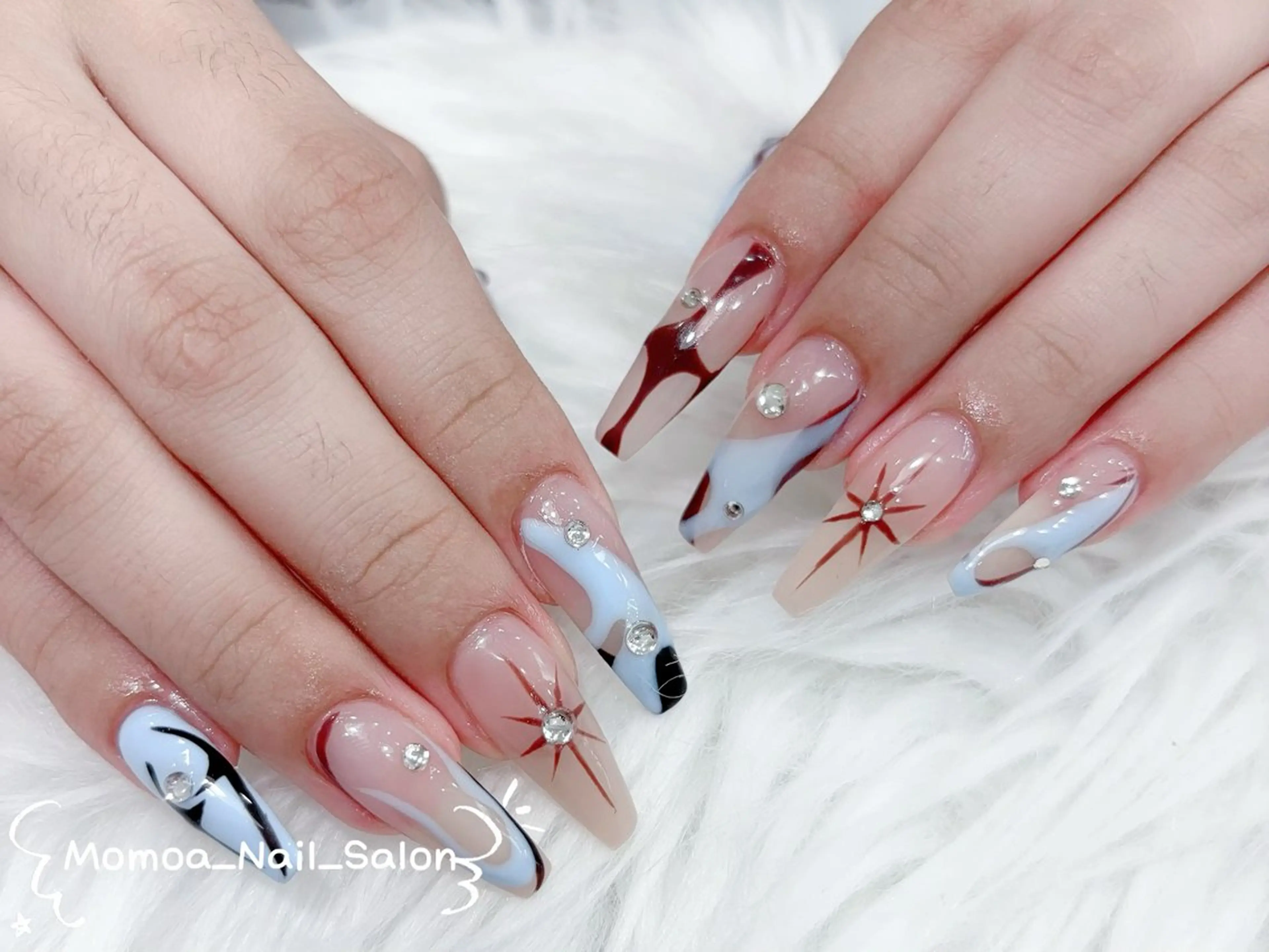 ネイル 成人式 ロングネイル マグネットネイル 大理石ネイル(マーブル) 持ち込み ハンドネイル MoMoA Nail ネイル長さ出し専門店のネイルデザイン