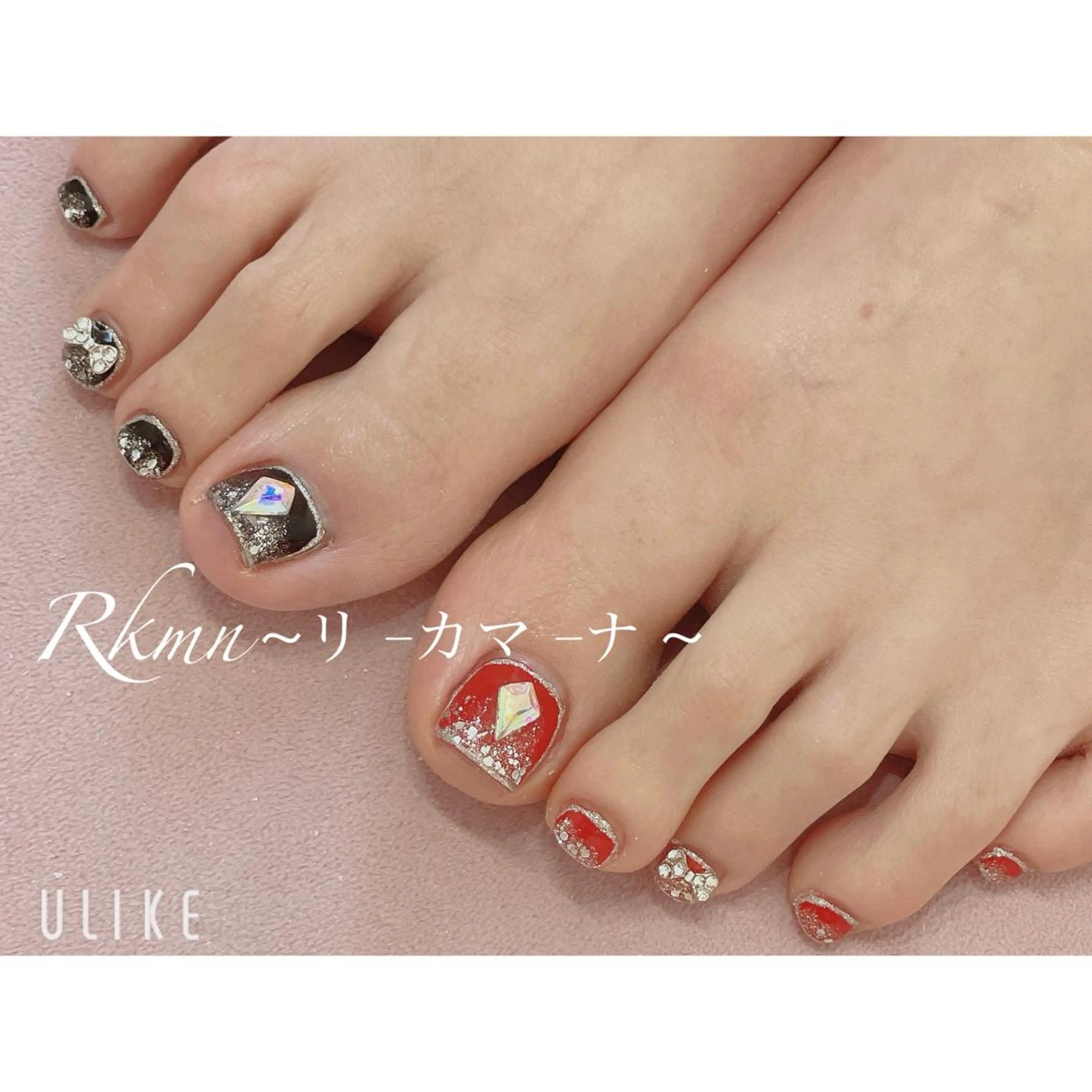 ネイル アートネイル キラキラネイル ラメ(グリッター) 赤色 リボン Rkmn ~リ-カマ-ナ~のネイルデザイン
