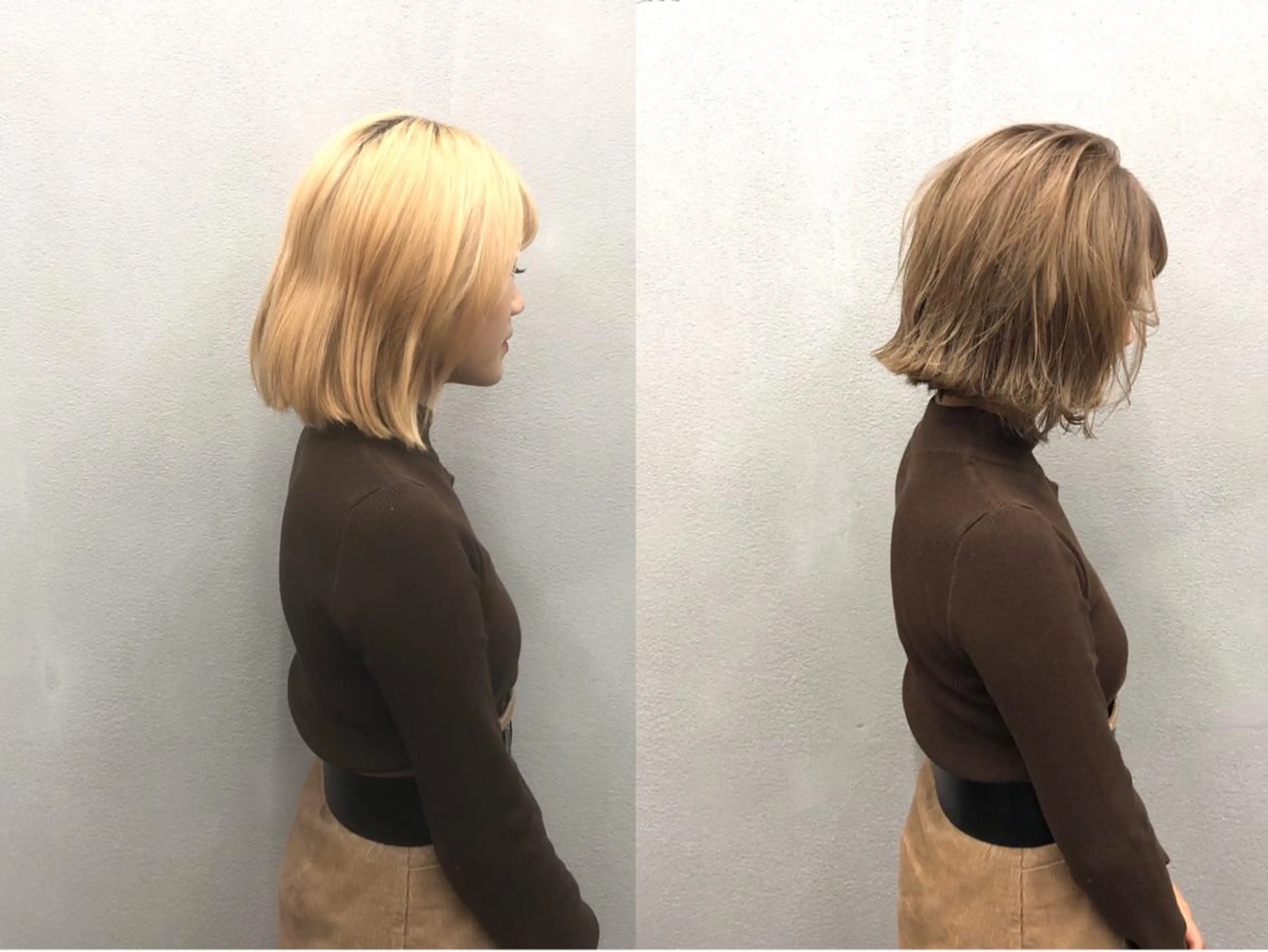 ミディアム カラー 切りっぱなしボブ ベージュカラー ブリーチ ブロンド ブロンドベージュ カット ヘアカラー トリートメント ボブ/ショート/ 白髪染め/メンズ葛西のヘアスタイル