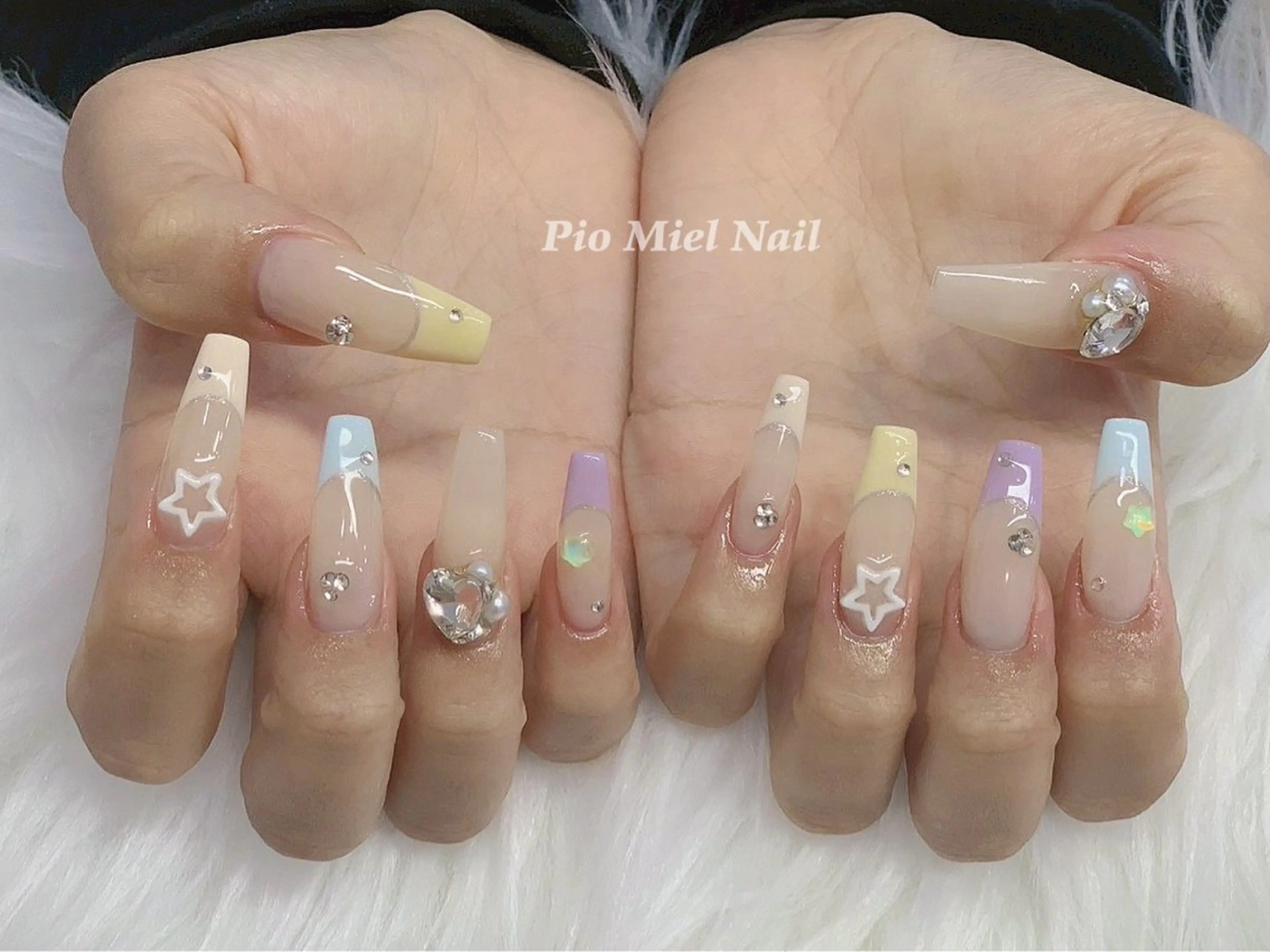 ネイル ブルー ガーリー ハート ロングネイル 持ち込み ハンドネイル HANA 長さだしのネイルデザイン