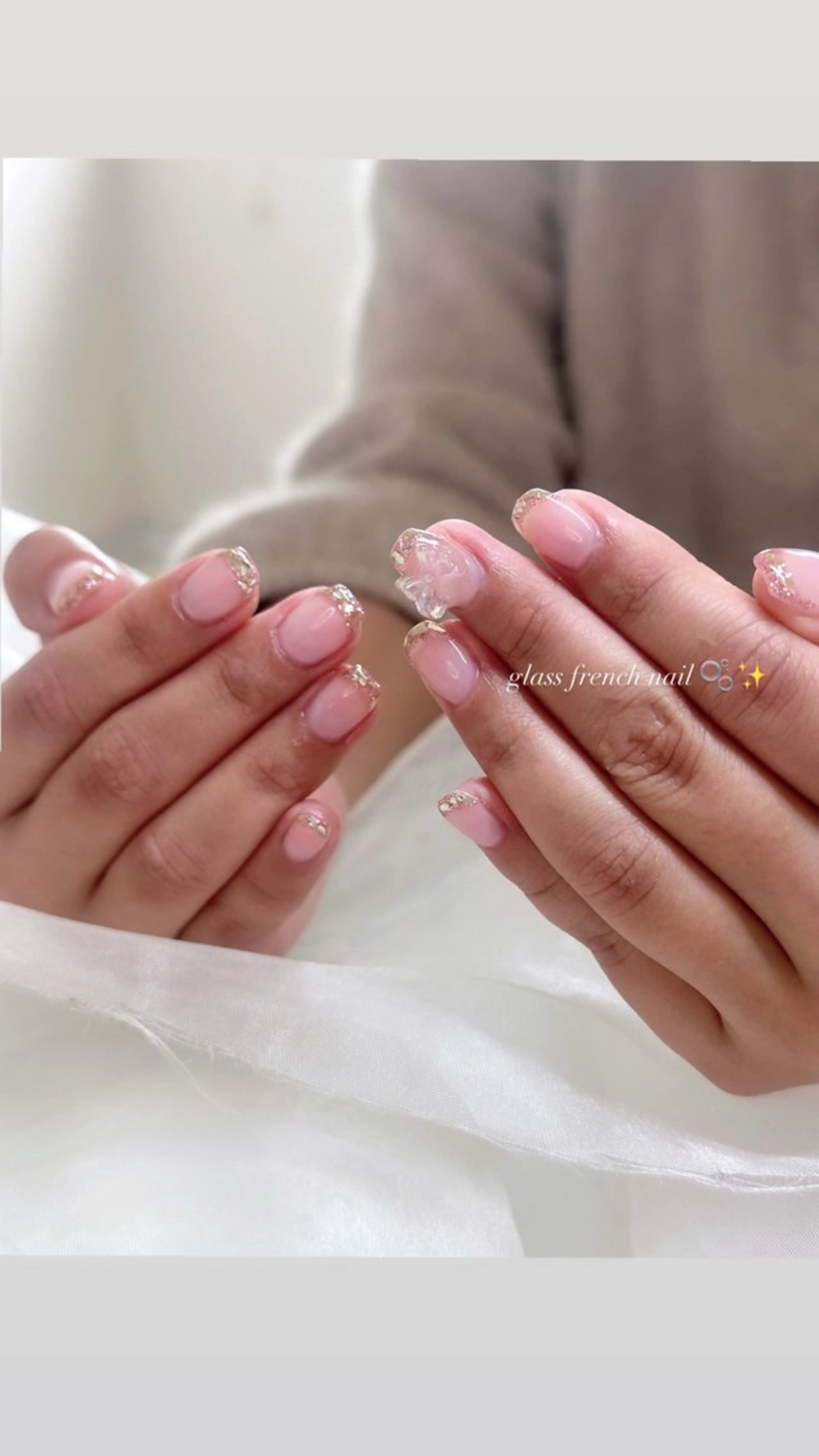 ネイル チークネイル フレンチネイル ガラスフレンチ キラキラネイル ショートネイル ume hairsalon所属・nono/ 熊取ﾈｲﾙｻﾛﾝのネイルデザイン