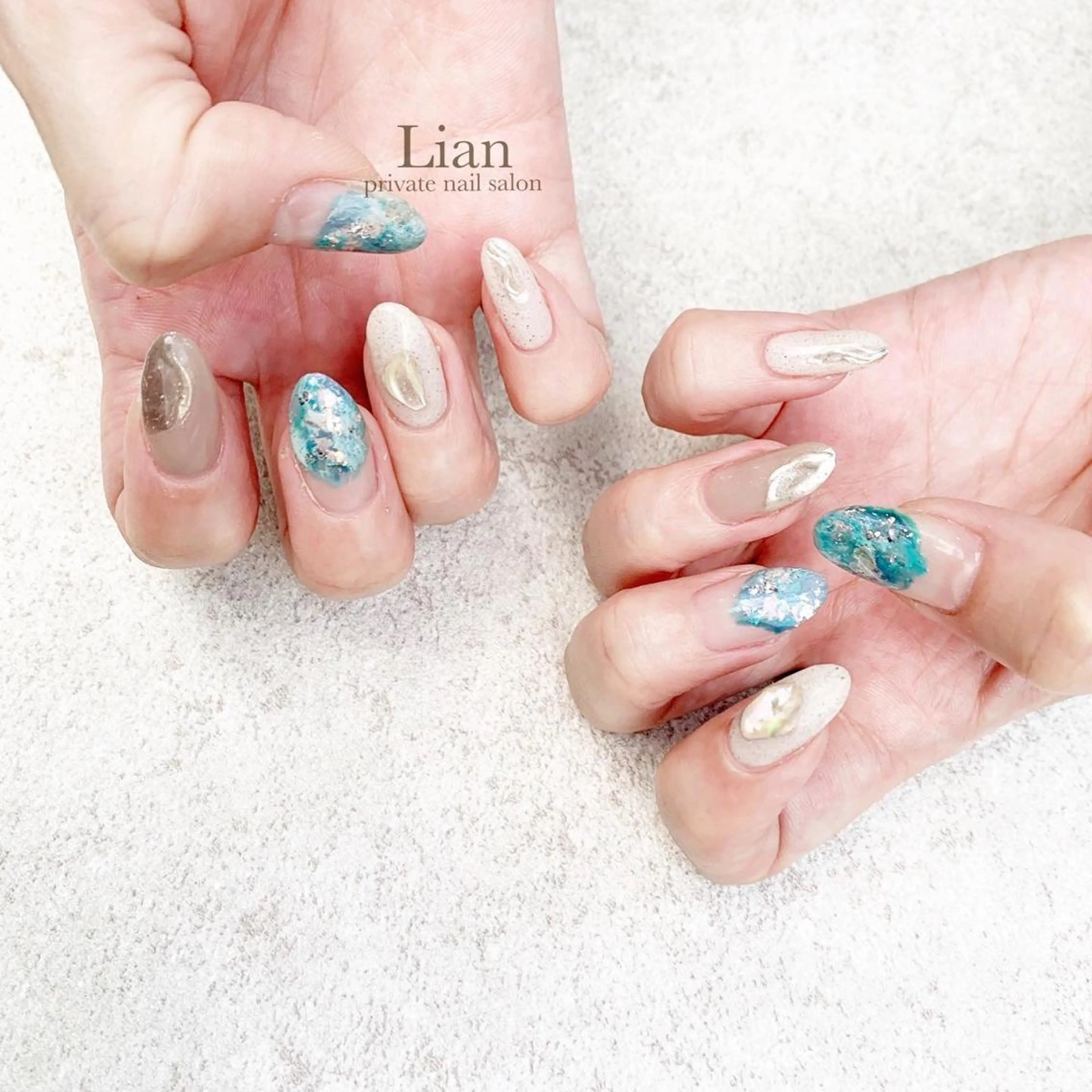 ネイル ブルー ジェルネイル グリーン ニュアンスネイル 夏ネイル nailsalon Lenoaのネイルデザイン