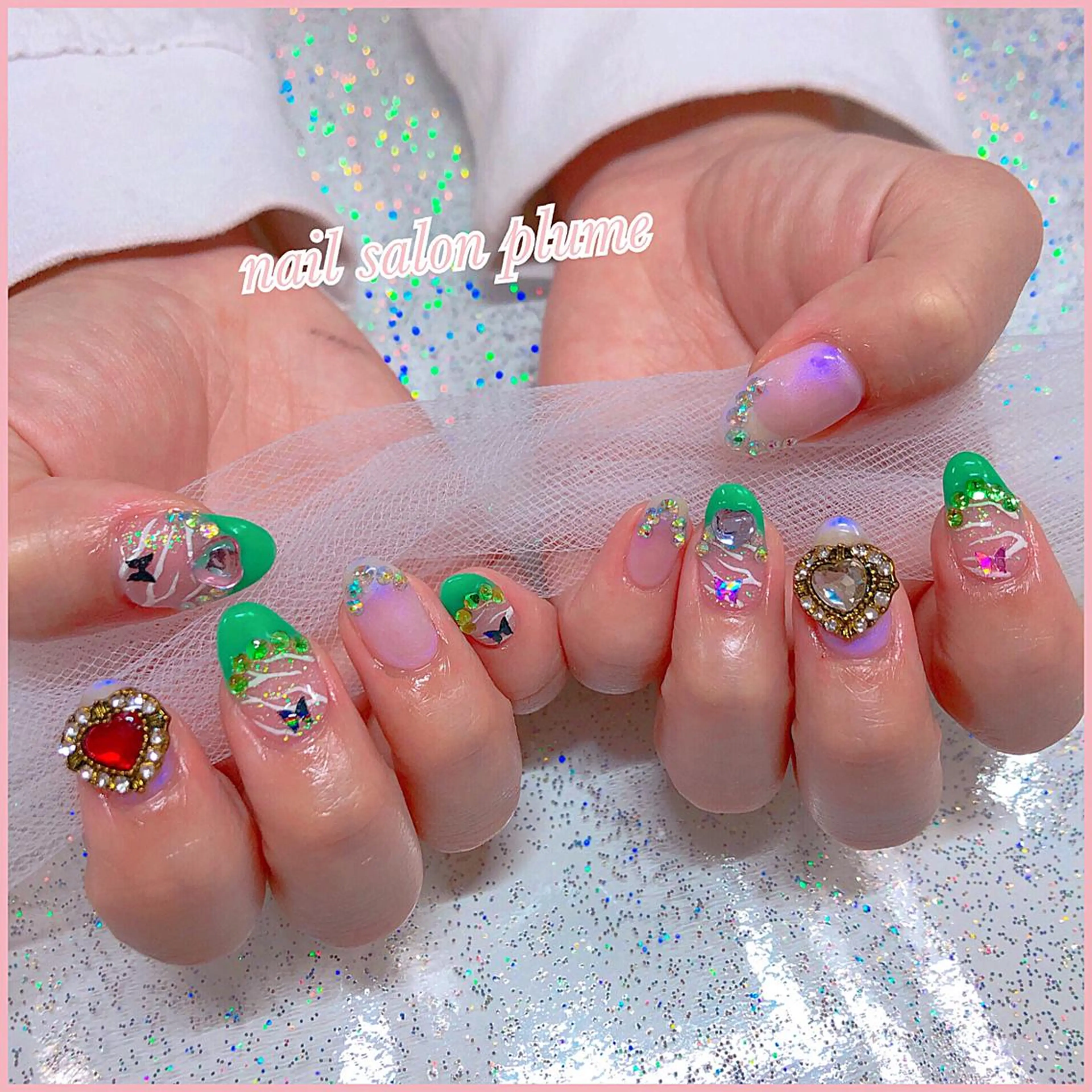 ネイル アートネイル オーロラネイル フレンチネイル ハート キラキラネイル ハンドネイル plume nail ☆韓国ネイルのネイルデザイン