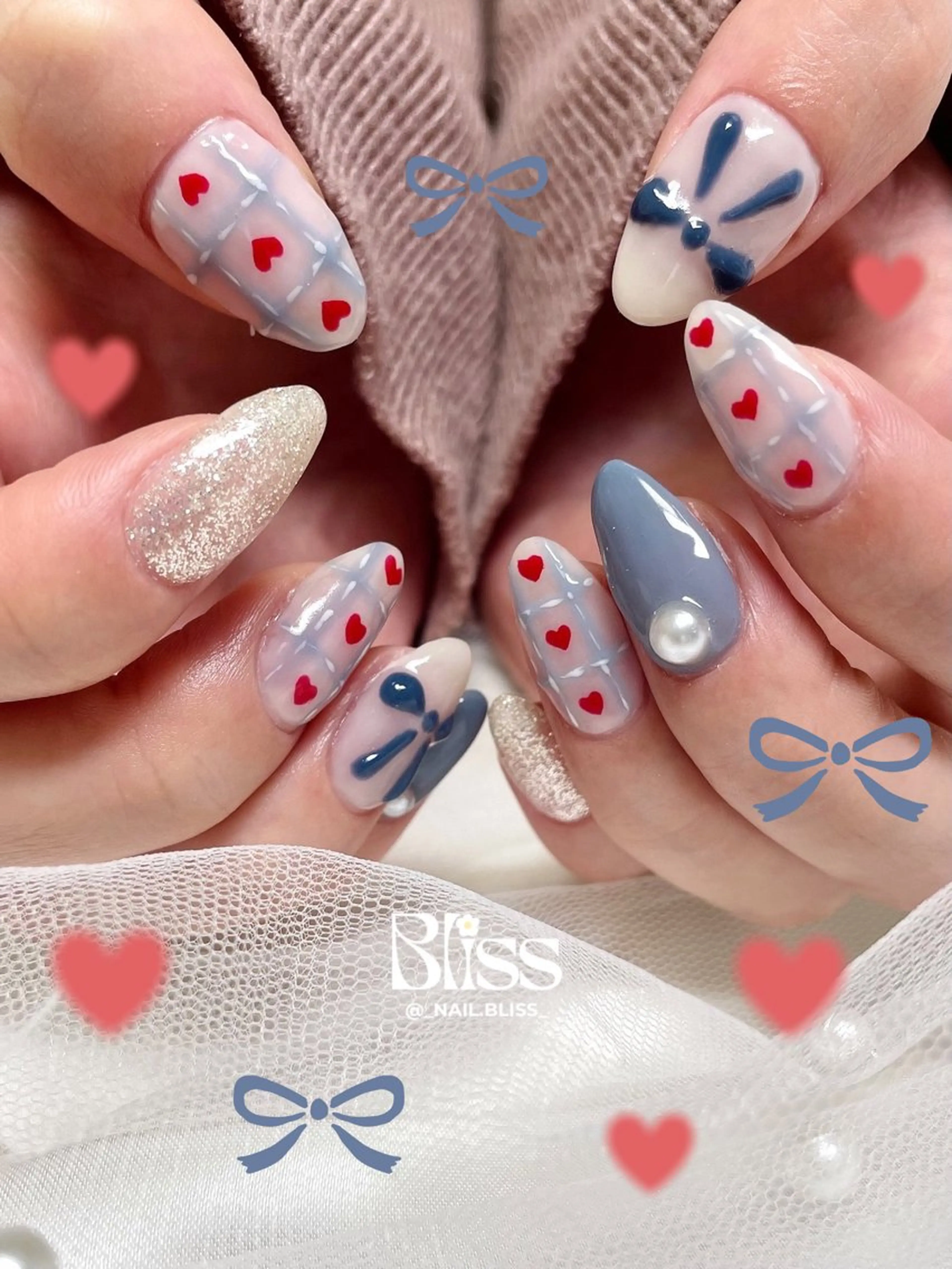 ネイル ハート 持ち込み リボン ハンドネイル NAIL BLISSのネイルデザイン