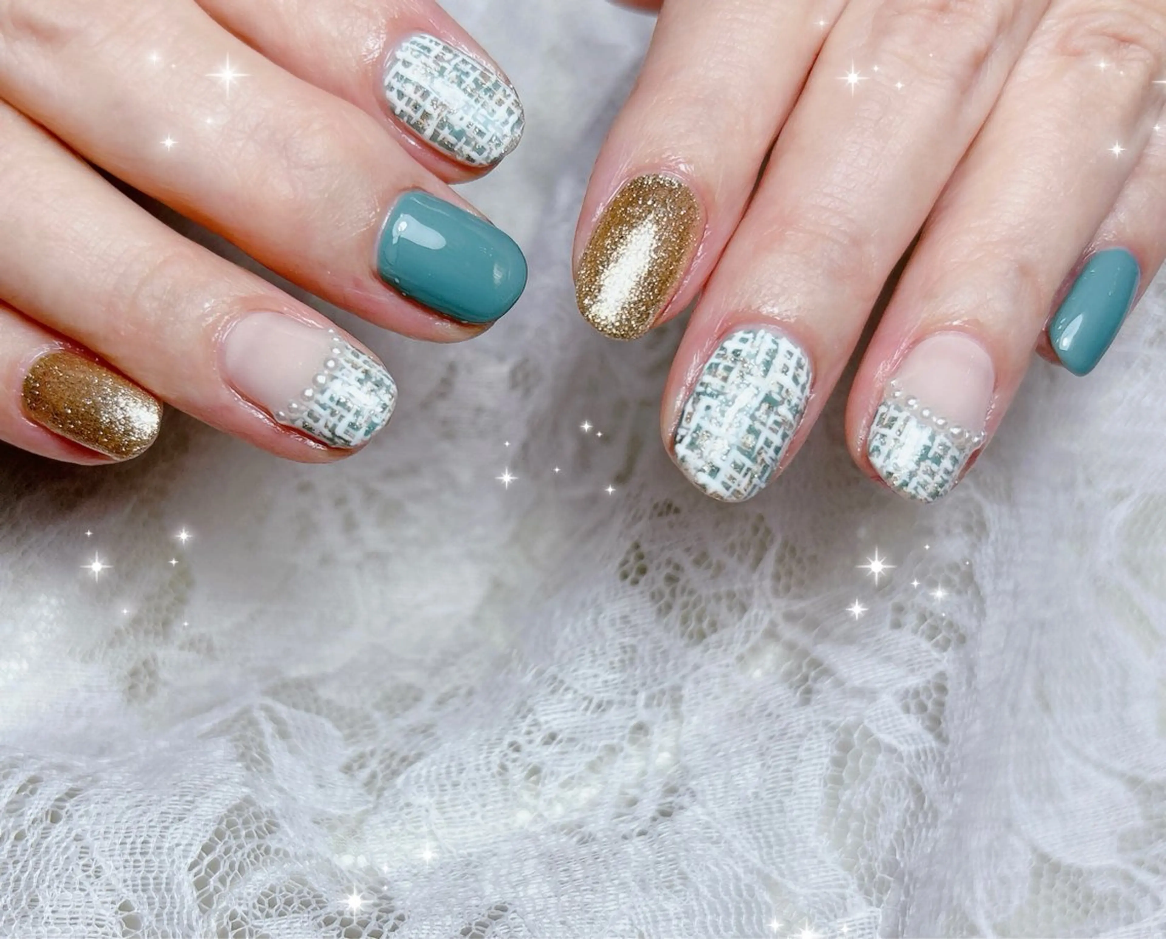 ネイル グリーン ツイードネイル ハンドネイル FLARE NAIL フレアネイルのネイルデザイン