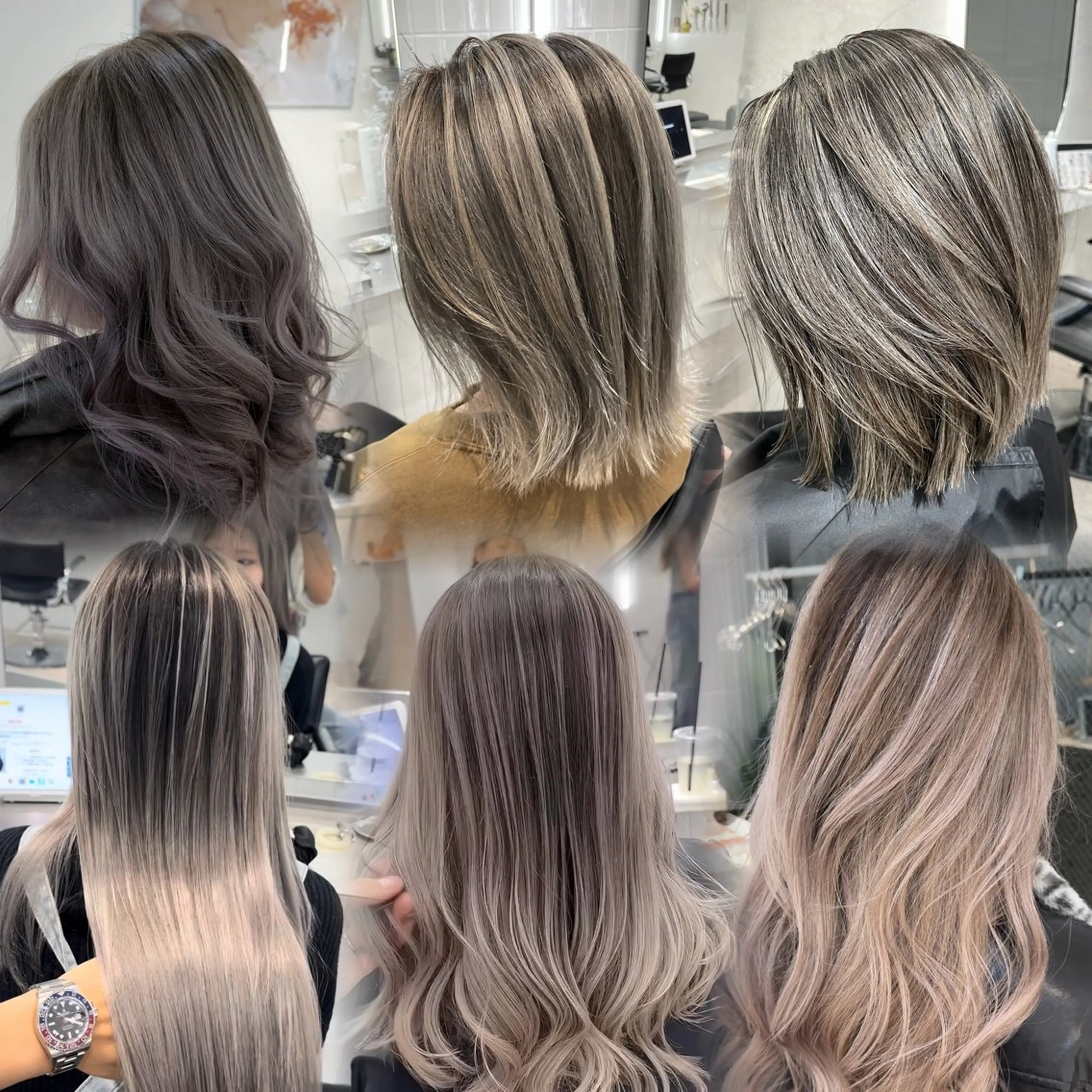 ロング カラー バレイヤージュ グレージュ ハイトーンカラー シルバー レイヤーカット ヘアカラー トリートメント 表参道/ハイライト バレイヤージュのヘアスタイル