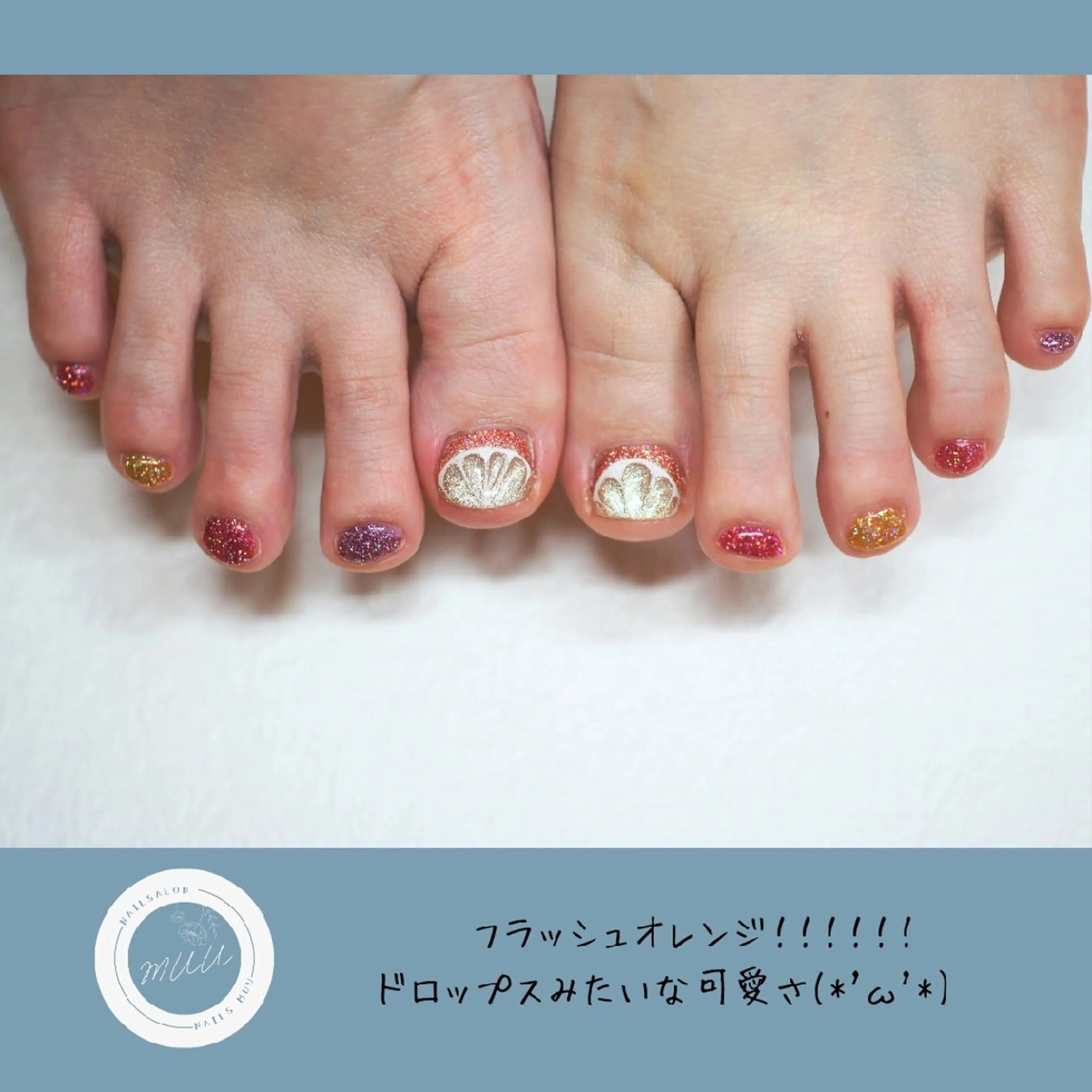 ネイル フラッシュネイル フットネイル オレンジ 夏ネイル フットネイル nails muu まゆのネイルデザイン