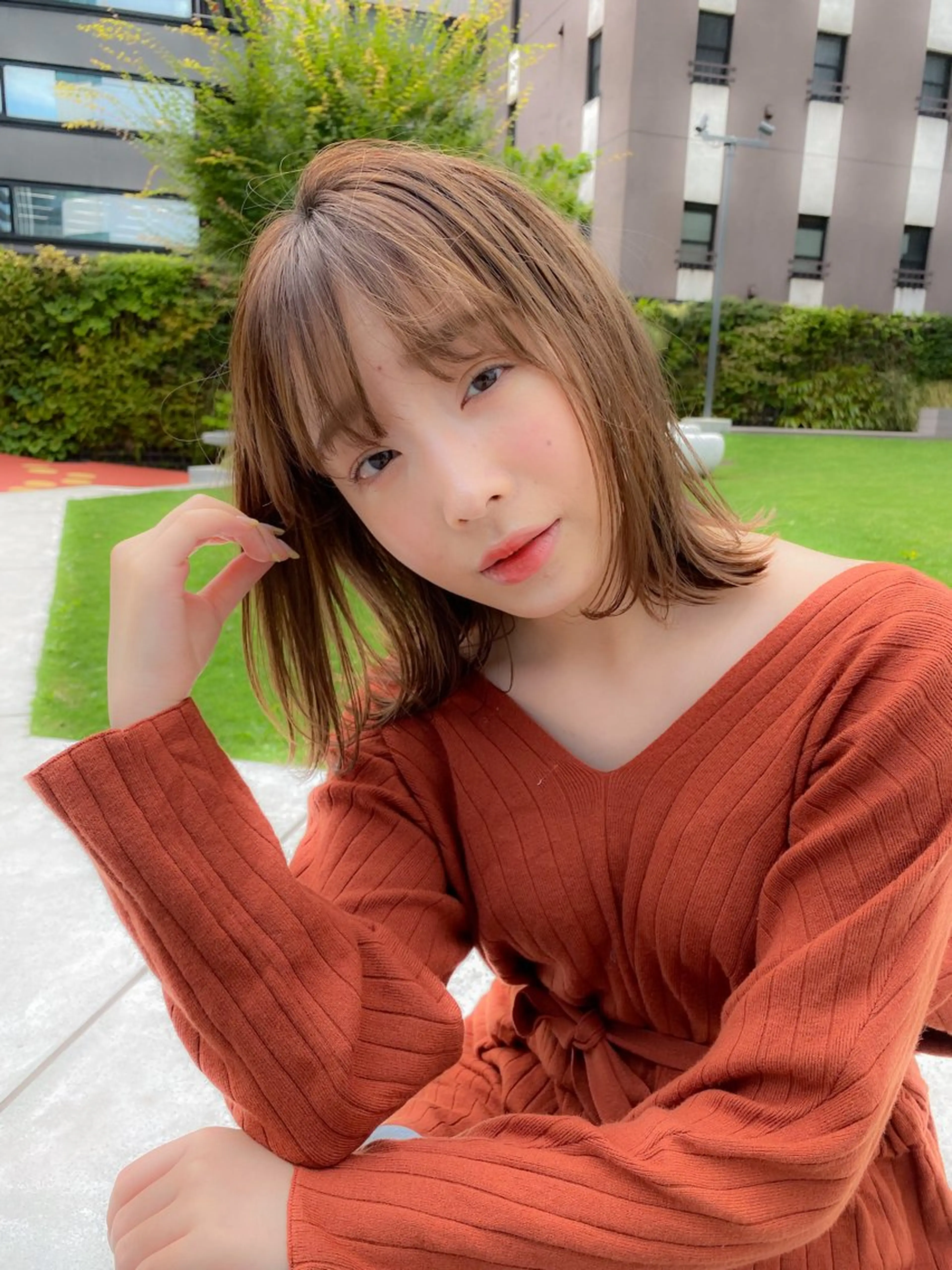 ミディアム たぴ。ぱつっとボブ /暖色艶カラー🍒のヘアスタイル