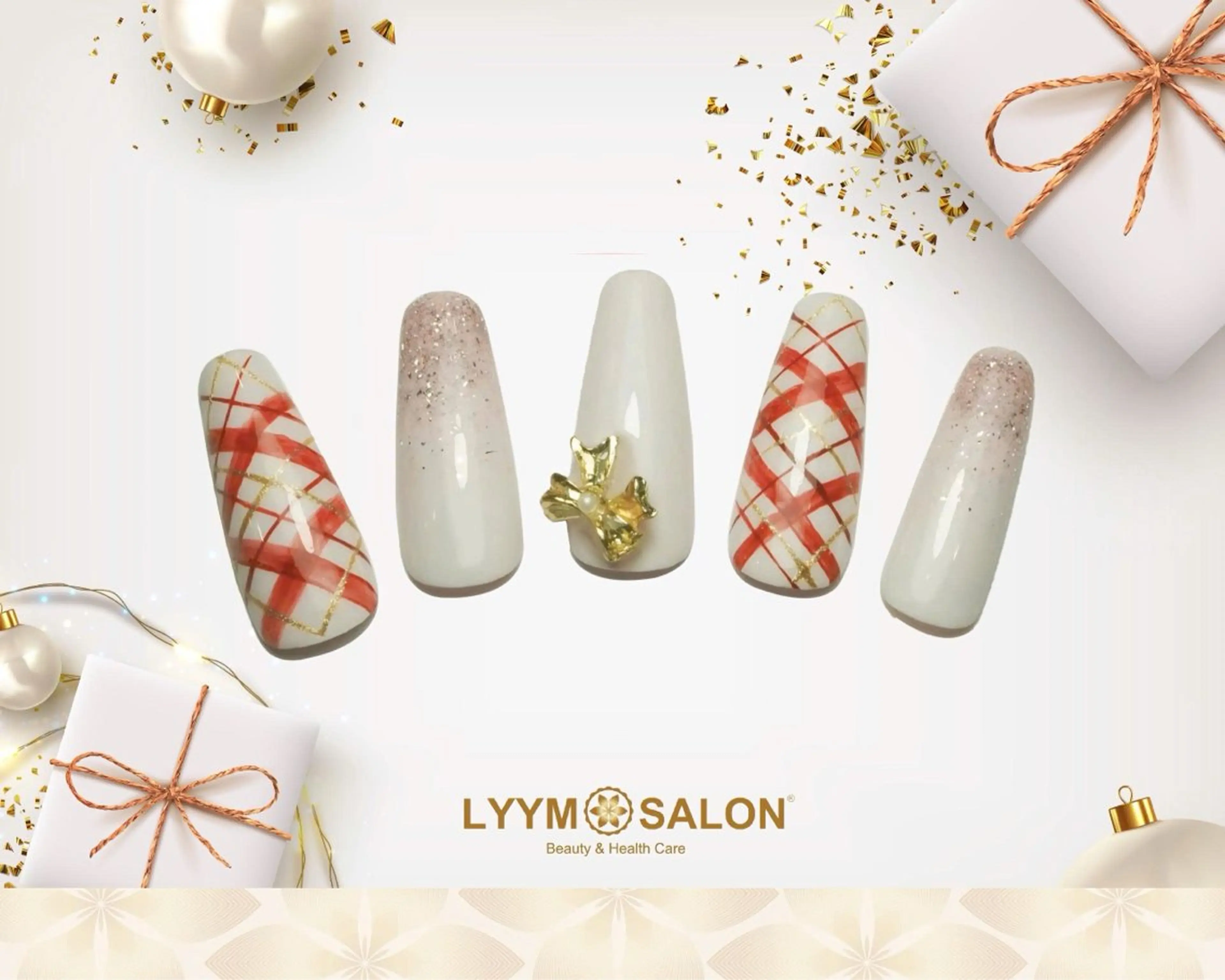 ネイル ゴールド 韓国ネイル 赤色 ホワイト 冬ネイル ハンドネイル LYYM Salonのネイルデザイン