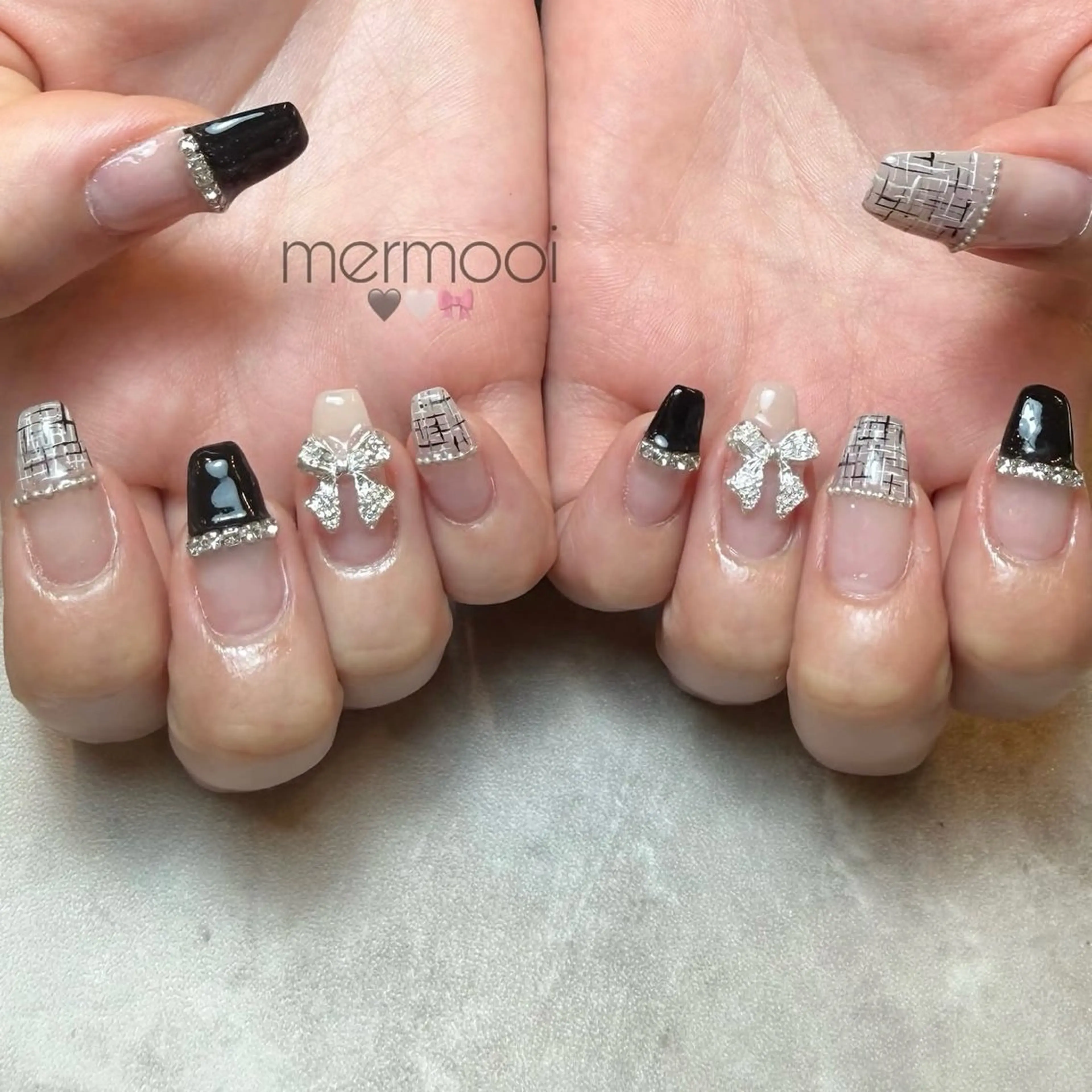 ネイル リボン ツイードネイル ワンホンネイル ハンドネイル mermooi所属・melumooi nailのネイルデザイン