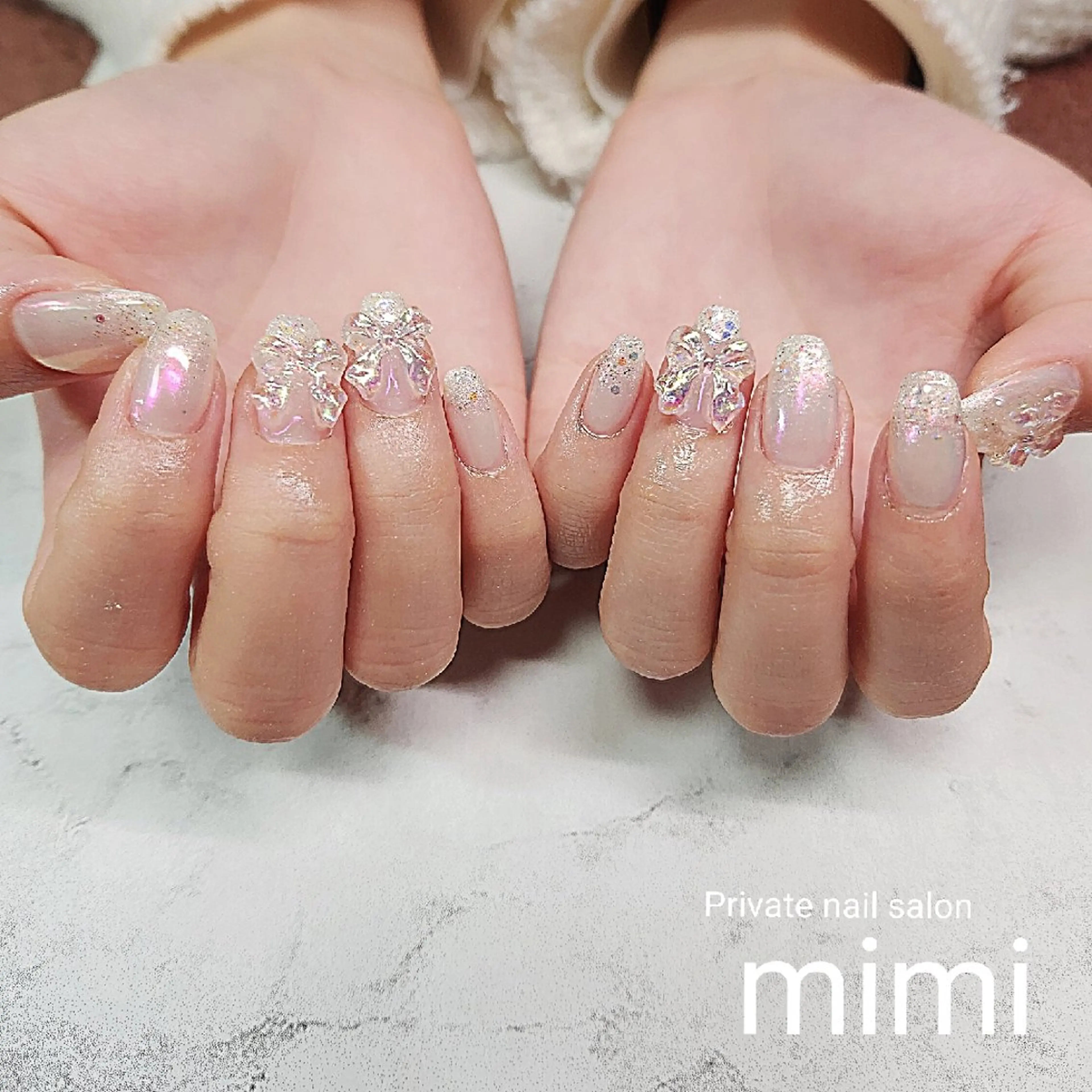 ネイル オーロラネイル キラキラネイル リボン ハンドネイル 博多ネイル ｍｉｍｉのネイルデザイン