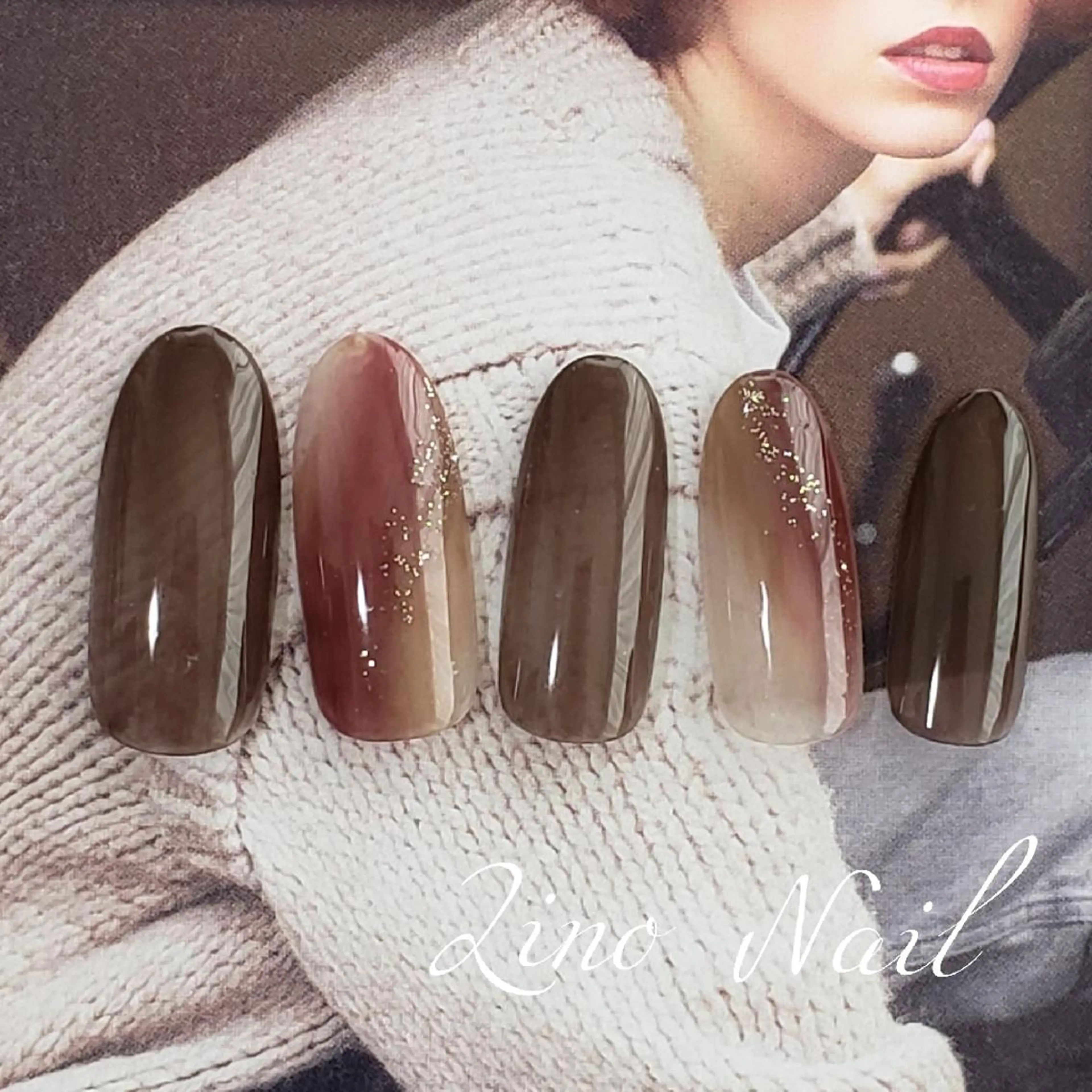 ネイル ボルドー ブラウン カジュアル ジェルネイル ラメ(グリッター) ハンドネイル Lino Nailのネイルデザイン