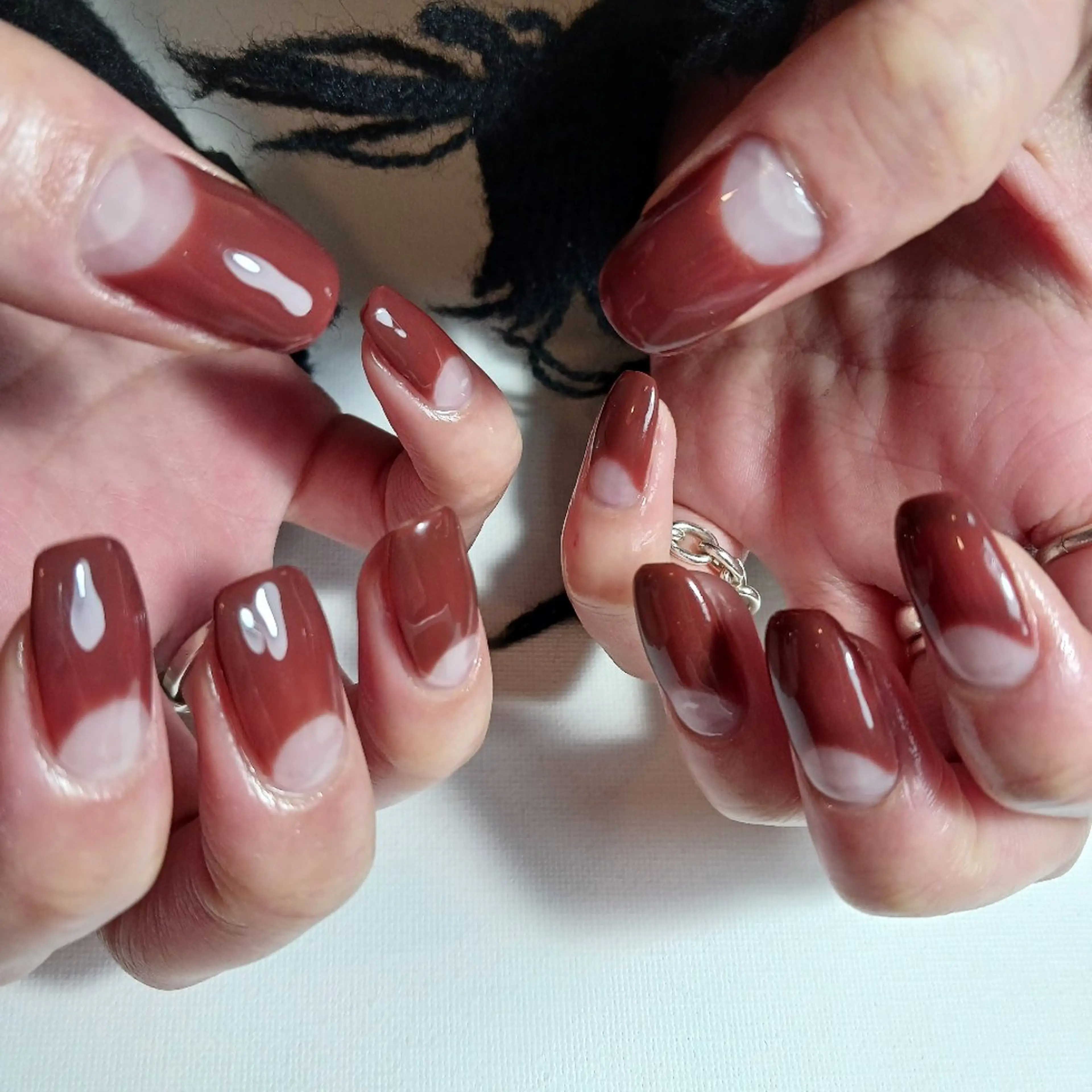 ネイル ブラウン フレンチネイル ジェルネイル 持ち込み 逆フレンチ ハンドネイル owlnail /持込みデザイン専門のネイルデザイン