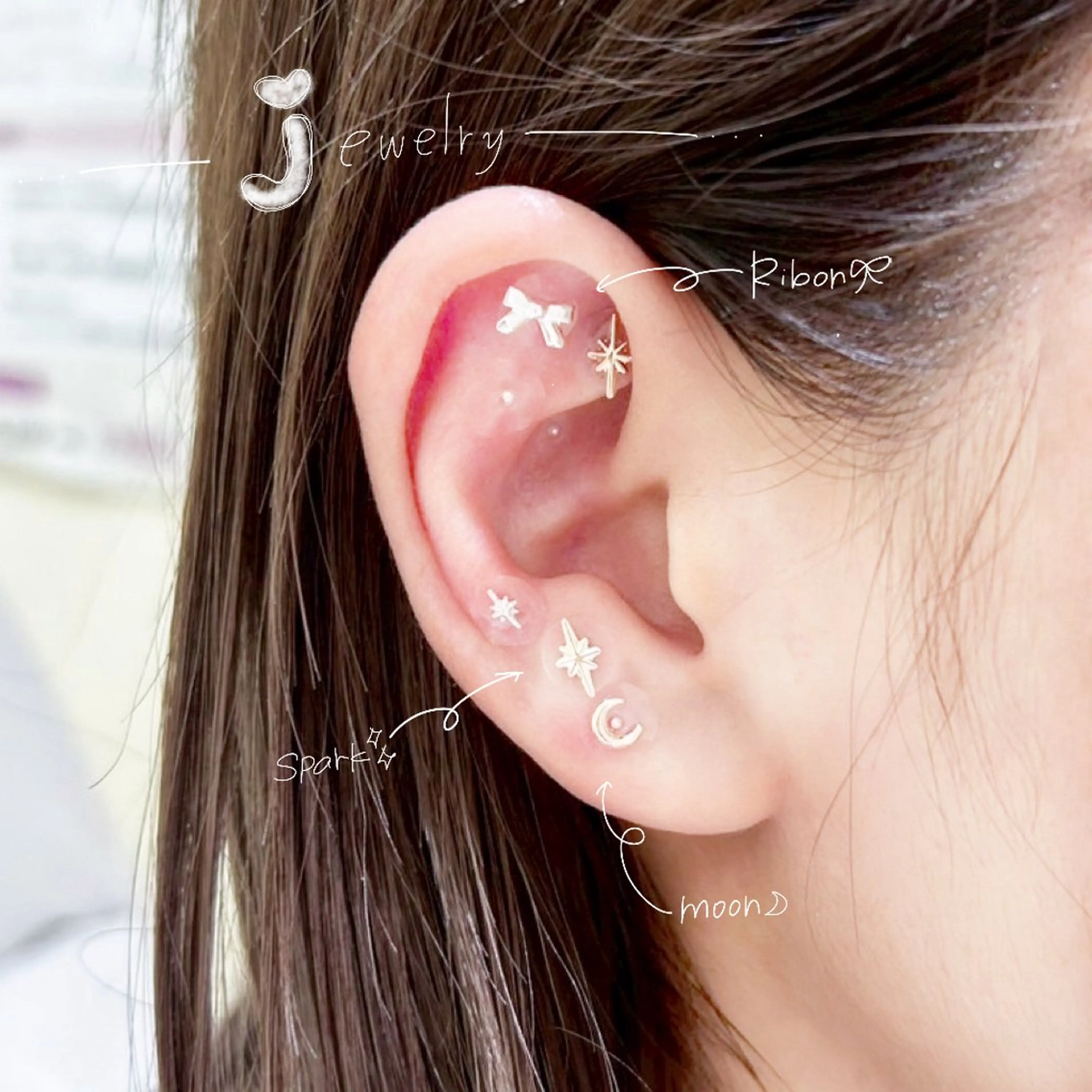 【大人気メニュー🤍ᩚ】耳つぼジュエリー✨️両耳合わせて6粒好きなパーツお選び頂けます🎀の写真