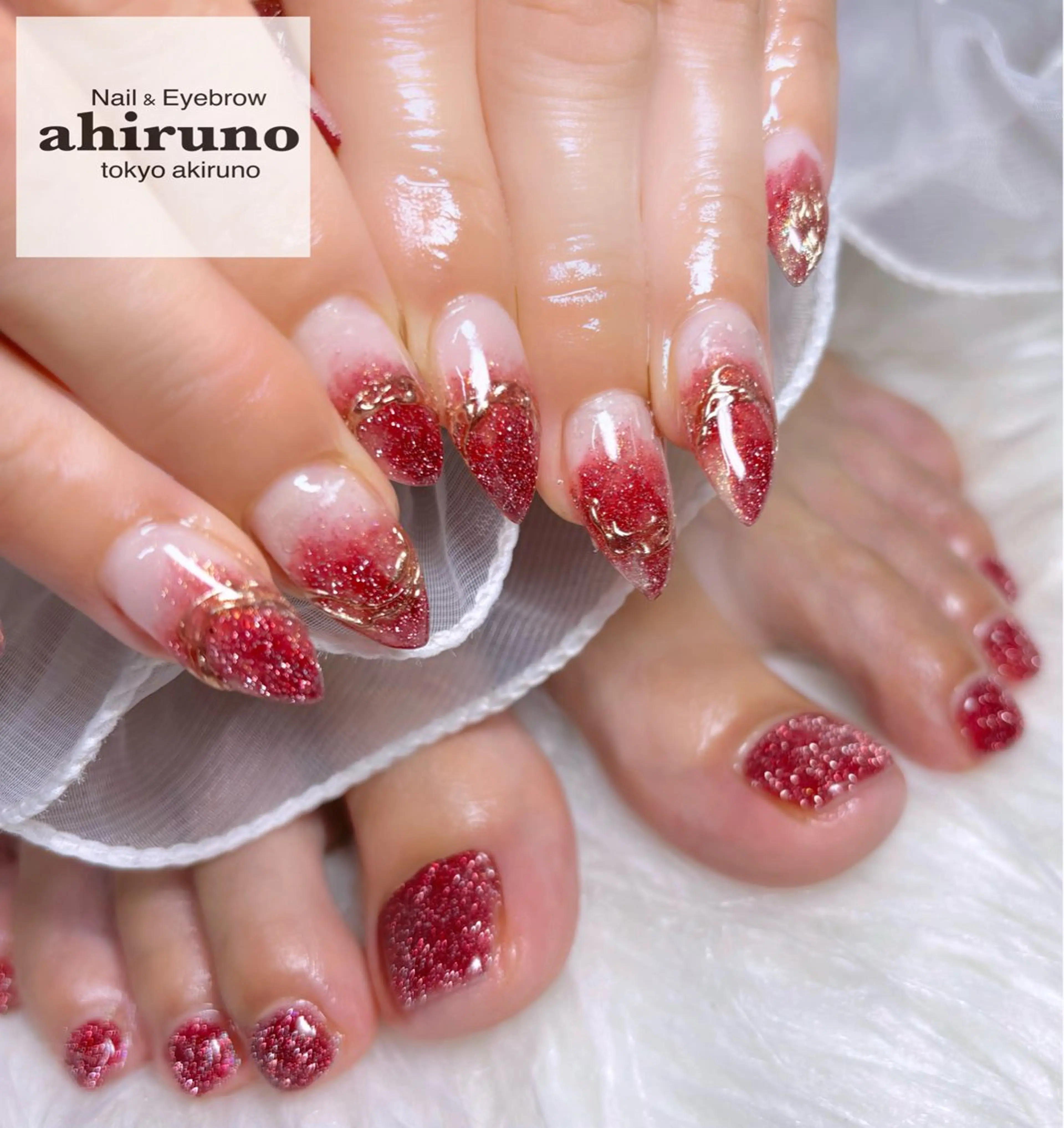 ネイル 長さ出し フラッシュネイル ラメ(グリッター) ミラーネイル 赤色 ハンドネイル フットネイル ａｈｉｒｕｎｏ ✿ ｙｕiのネイルデザイン