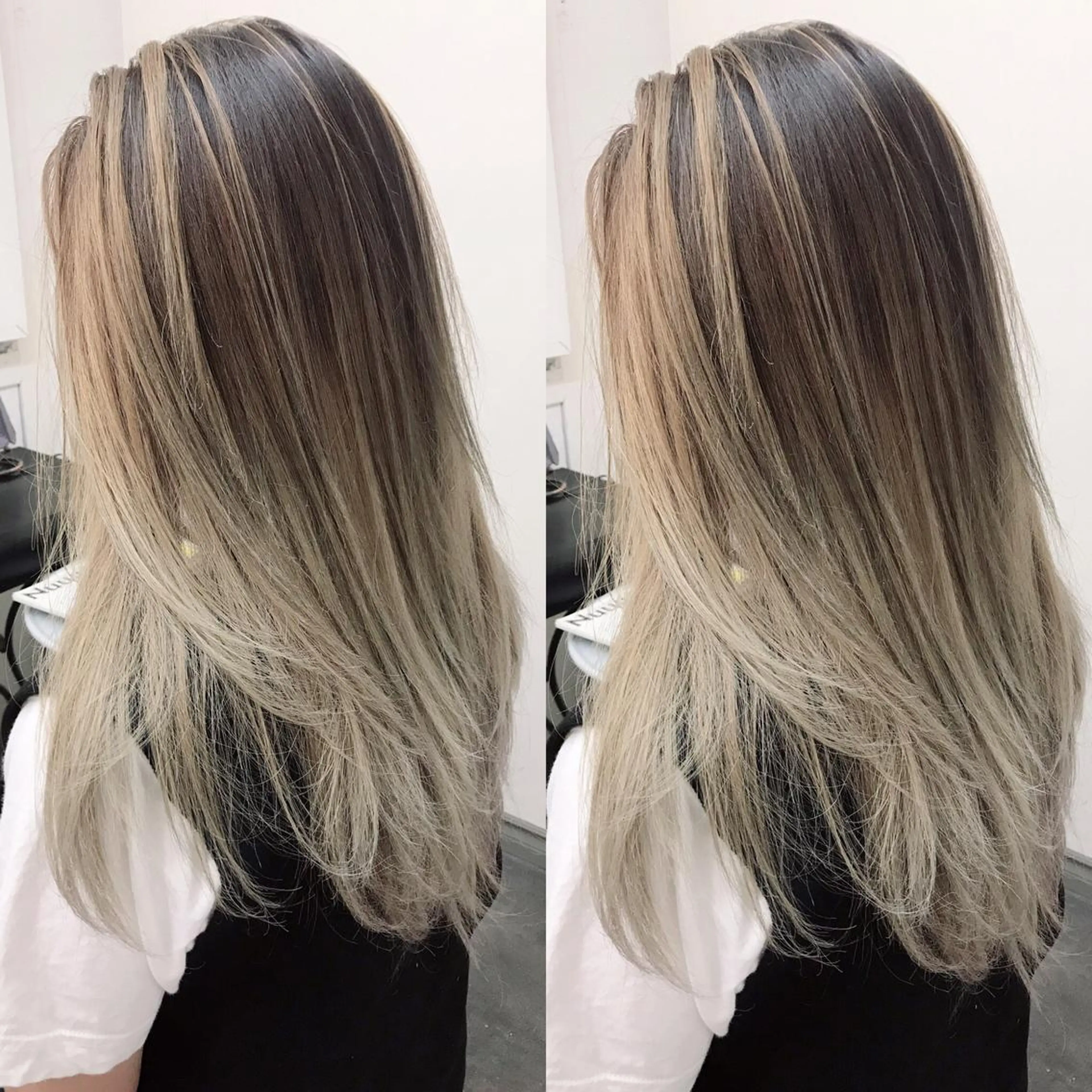 セミロング カラー ヘアアレンジ お団子ヘア 結婚式・ブライダル 切りっぱなしボブ バレイヤージュ デザインカラー Mariana/ 鶴原-ハイライトのヘアスタイル