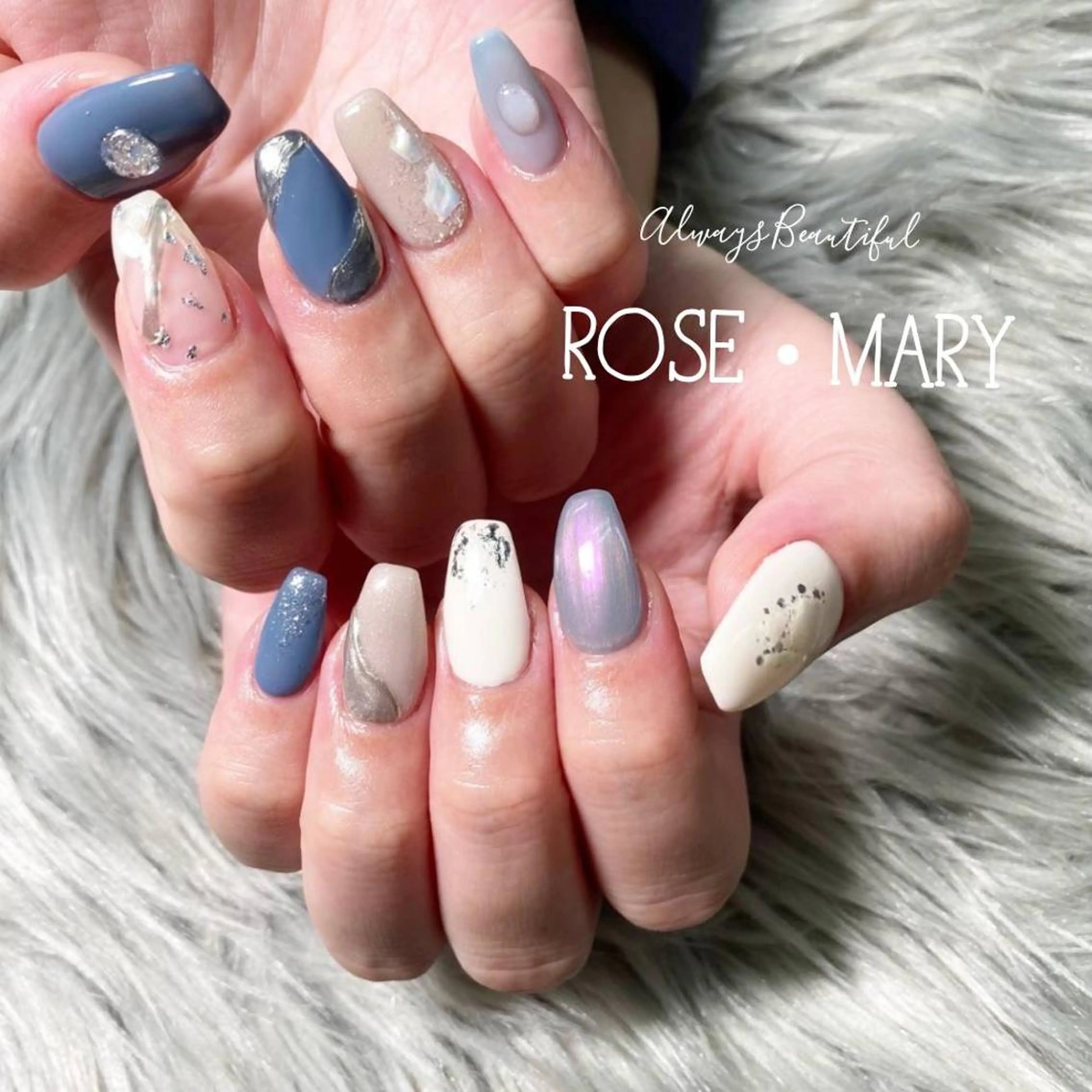 セミロング ネイル アートネイル ミラーネイル ハンドネイル ROSE・ MARY 鈴木のネイルデザイン