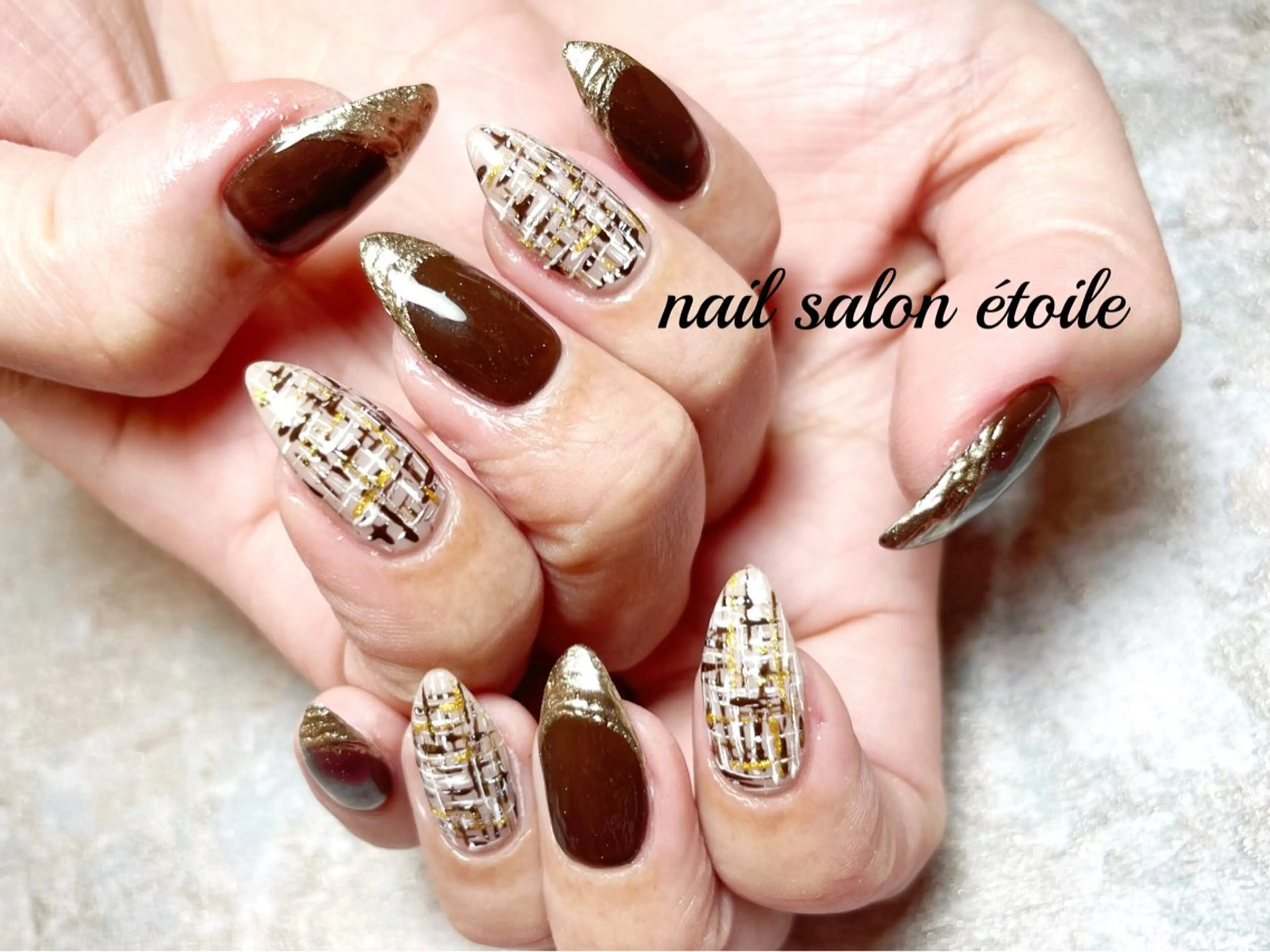 ネイル ボルドー ブラウン フレンチネイル ミラーネイル ツイードネイル ハンドネイル nail salon étoileのネイルデザイン
