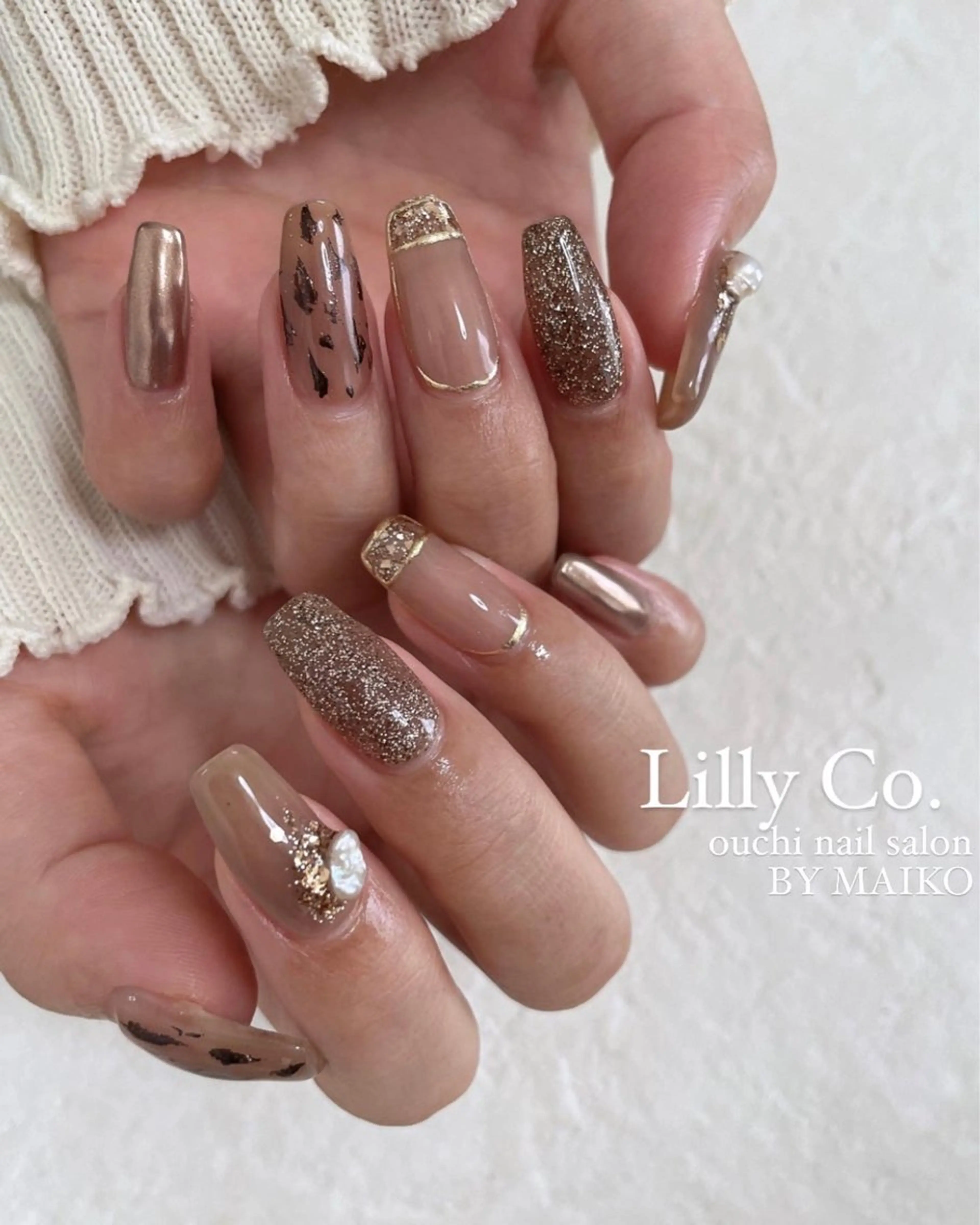 ネイル アニマル柄 ブラウン ハンドネイル ハンドケア Lilly Co.のネイルデザイン
