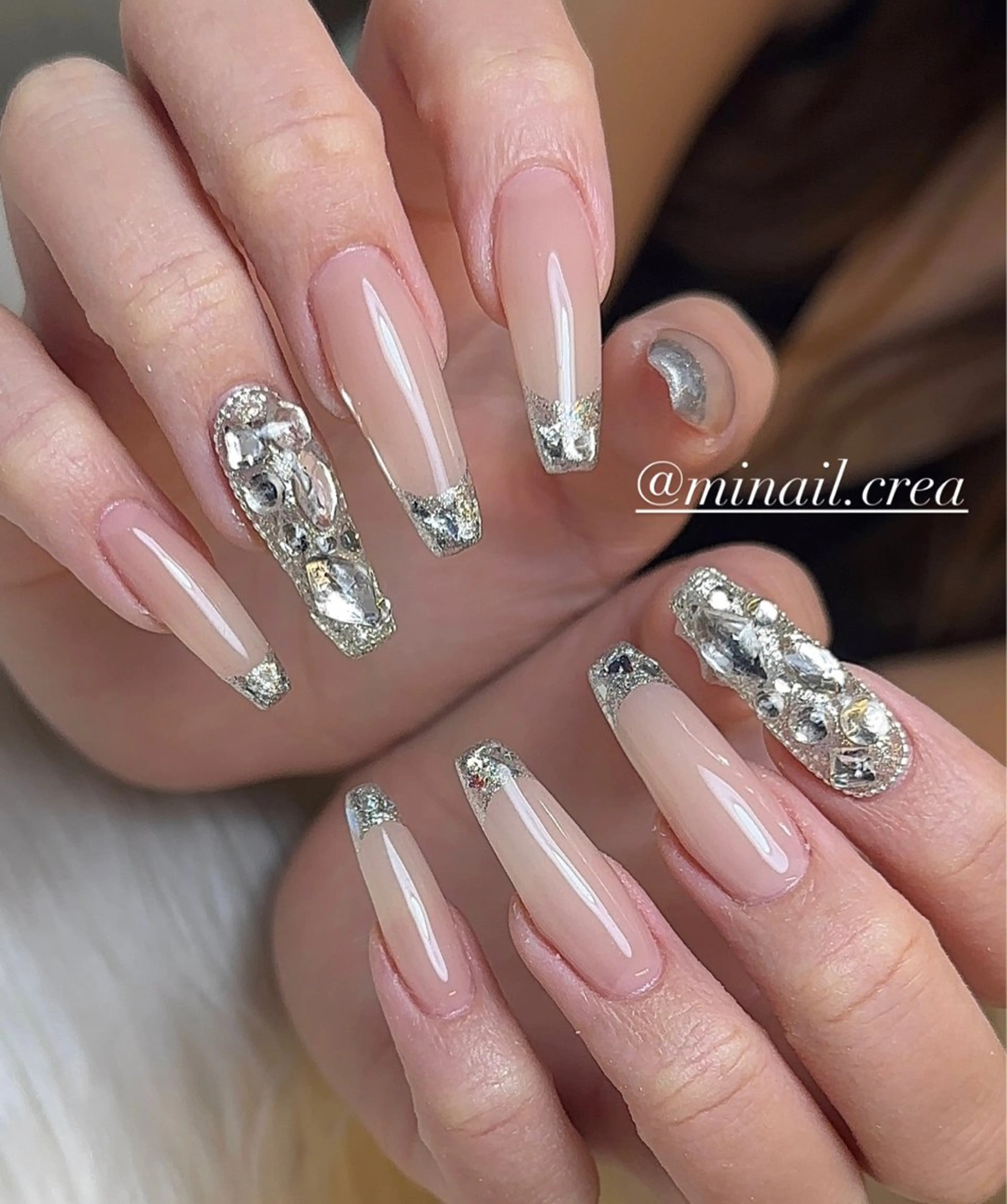 ネイル フレンチネイル ガラスフレンチ キラキラネイル ロングネイル スカルプネイル ハンドネイル CRéA　-private nailsalon-所属・CReA nailのネイルデザイン