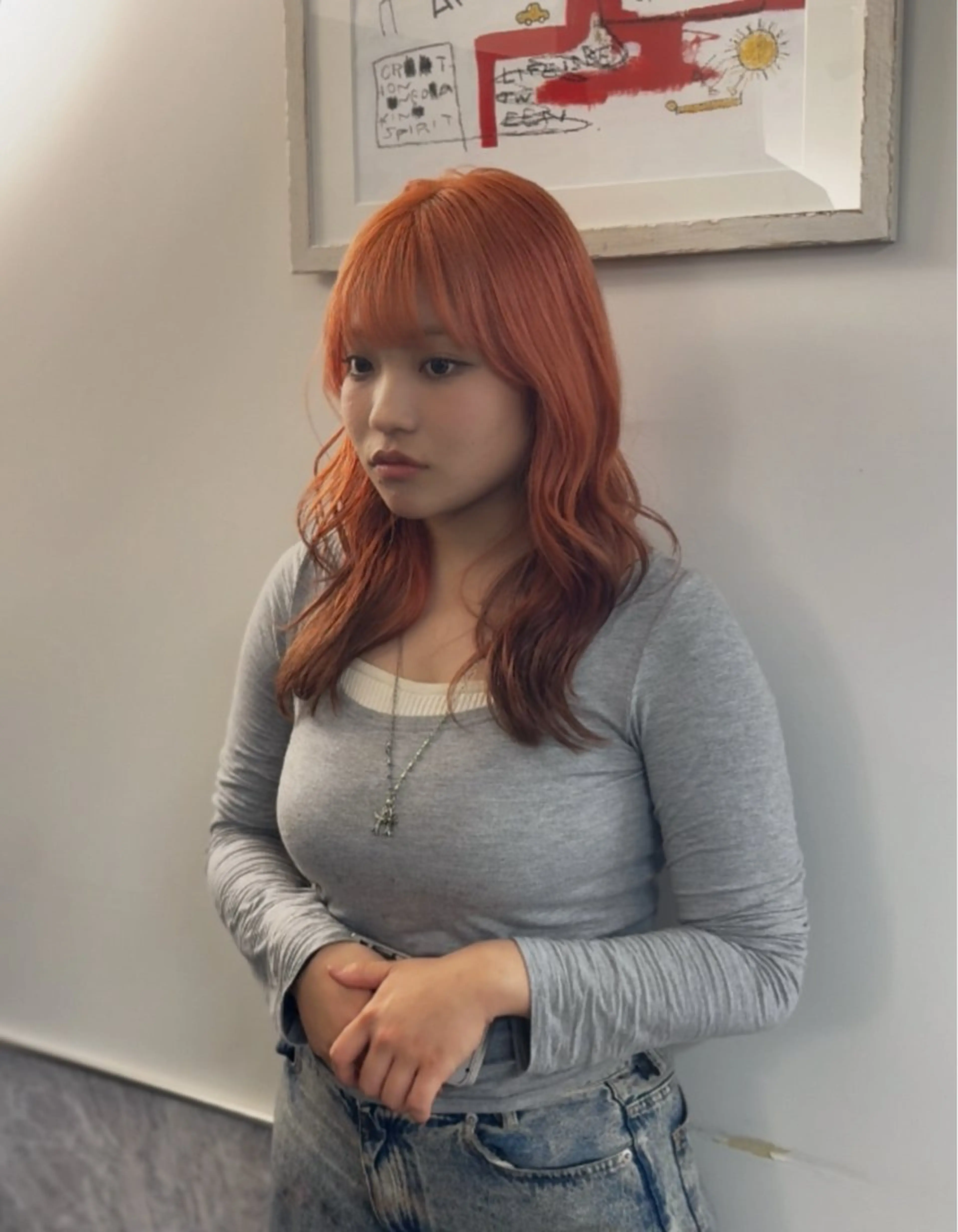 ミディアム カラー ブラウンカラー デザインカラー ハイトーンカラー オレンジ カット ヘアカラー トリートメント ハイトーン/デザイン 新宿🦭戸羽のヘアスタイル