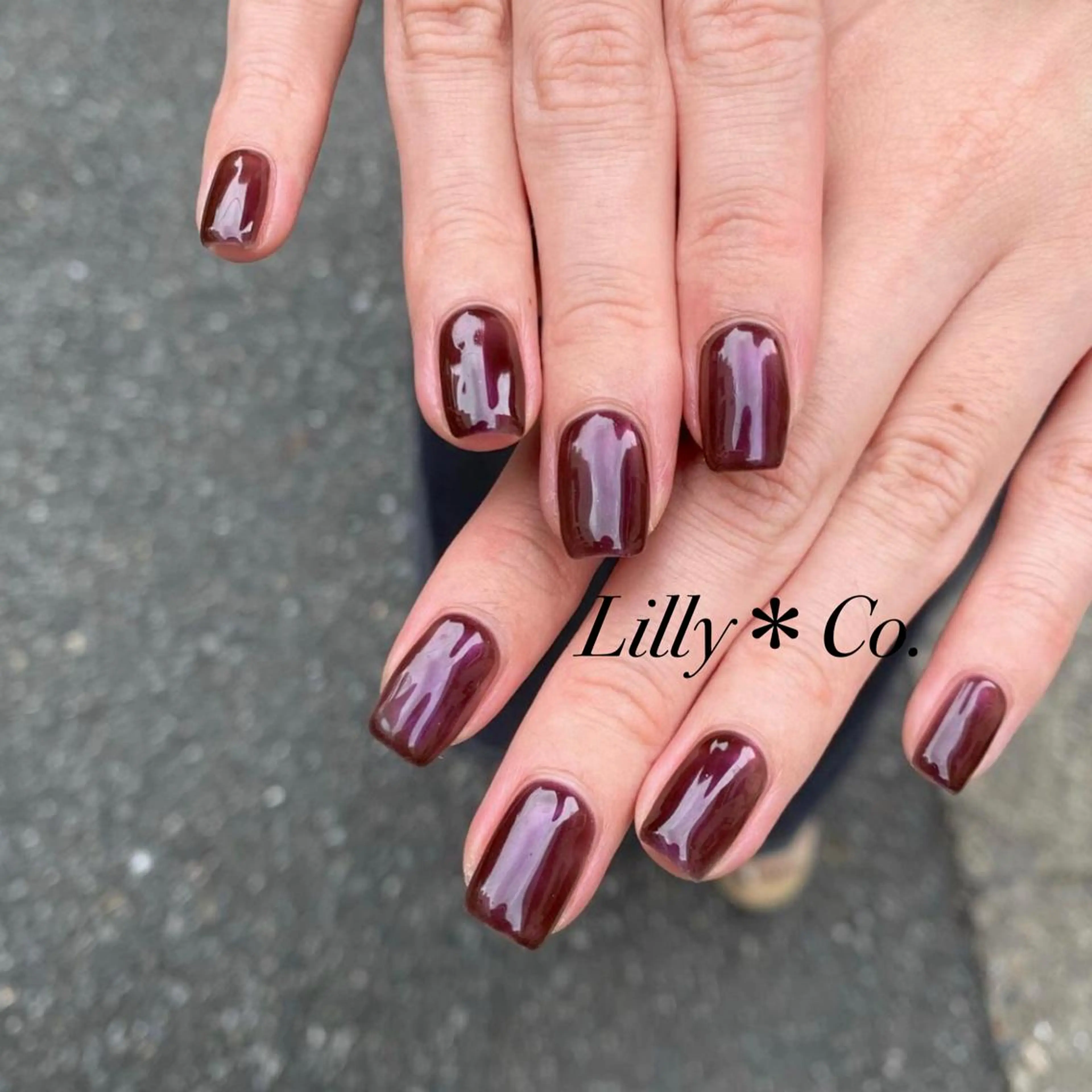 ネイル ブラウン ワンカラーネイル パープル ハンドネイル ハンドケア Lilly Co.のネイルデザイン