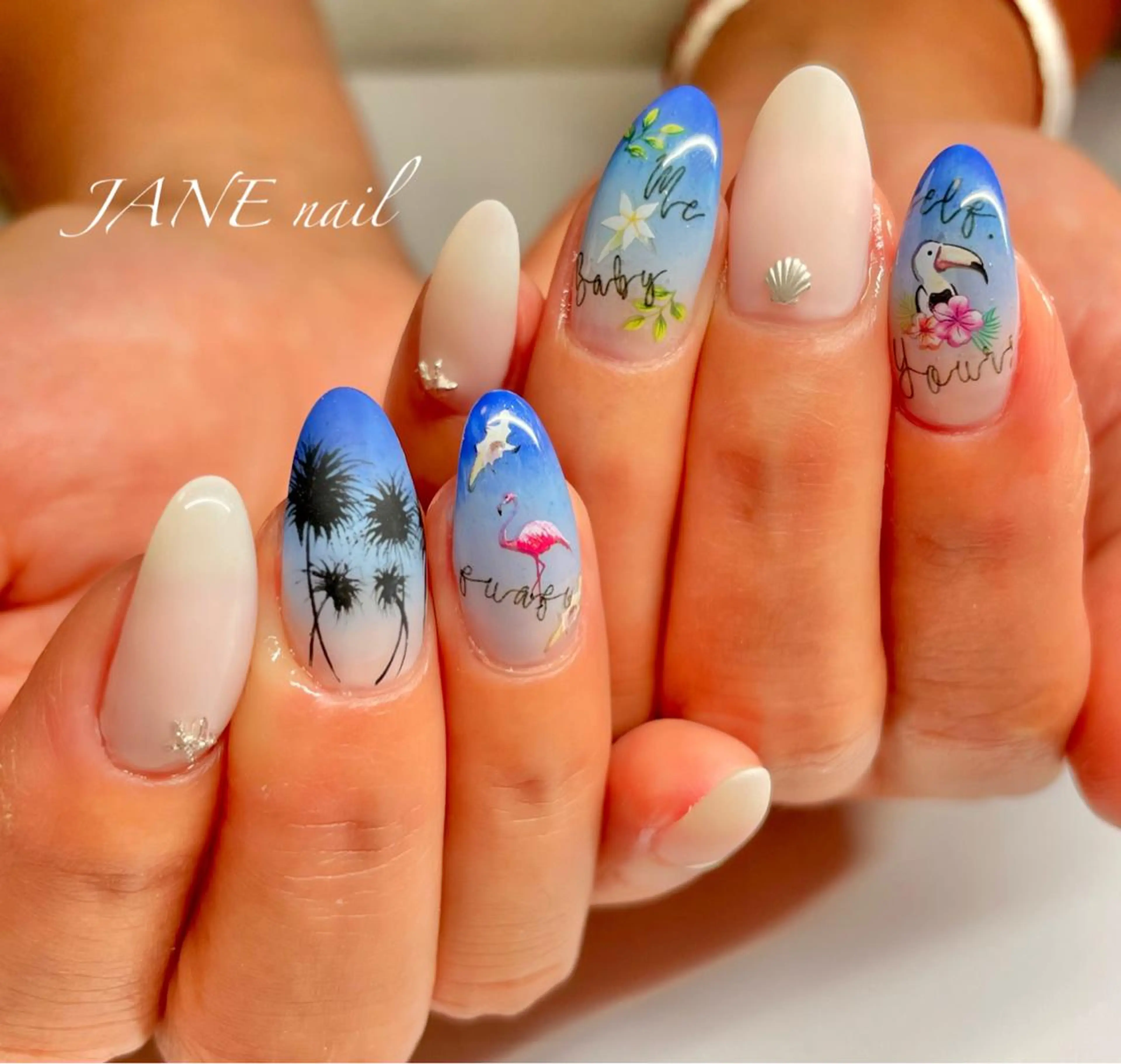 ネイル ブルー フットネイル 夏ネイル ハンドネイル Nail Salon JANEのネイルデザイン