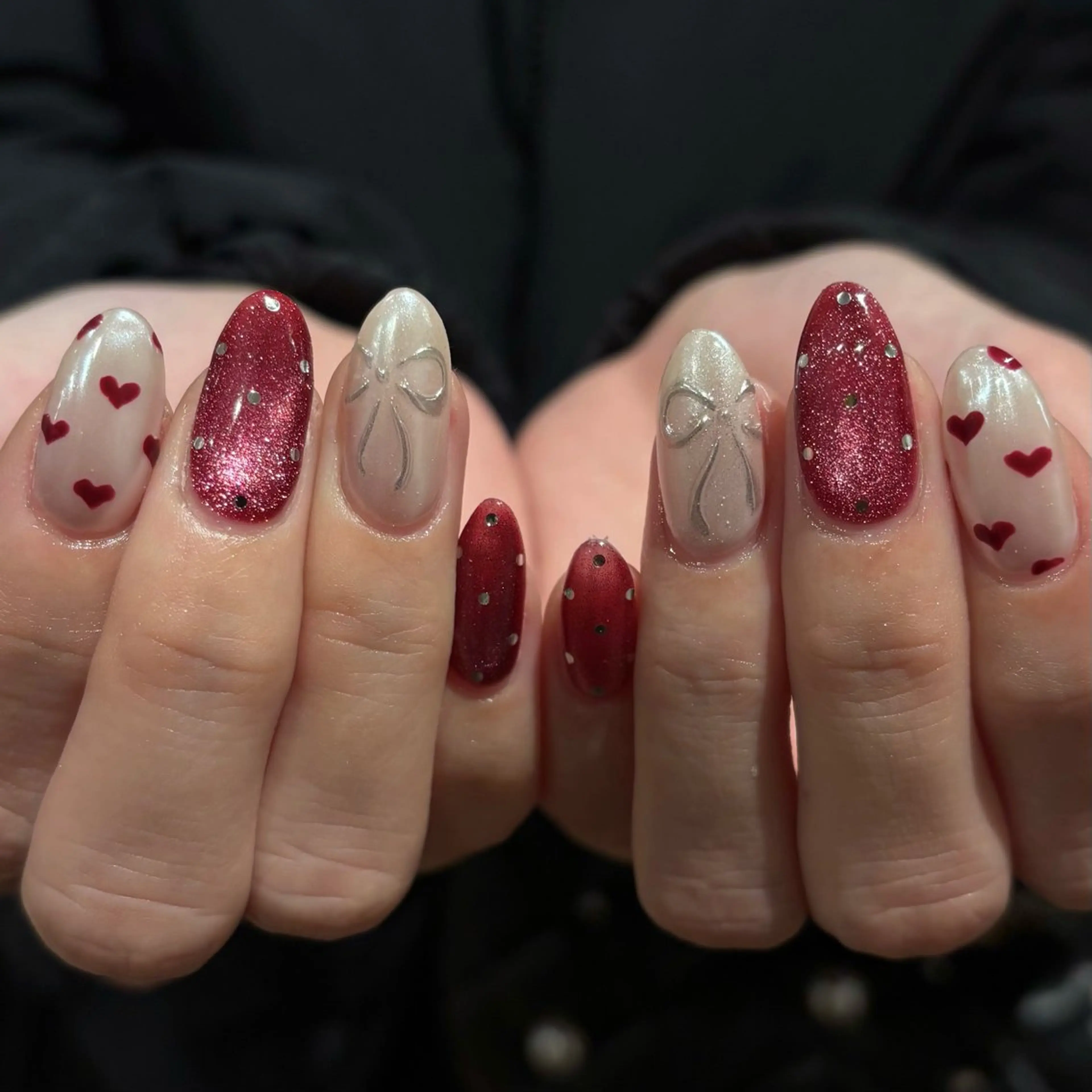 ネイル ドット ハート マグネットネイル ミラーネイル リボン ハンドネイル Bianca名駅店 安田のネイルデザイン