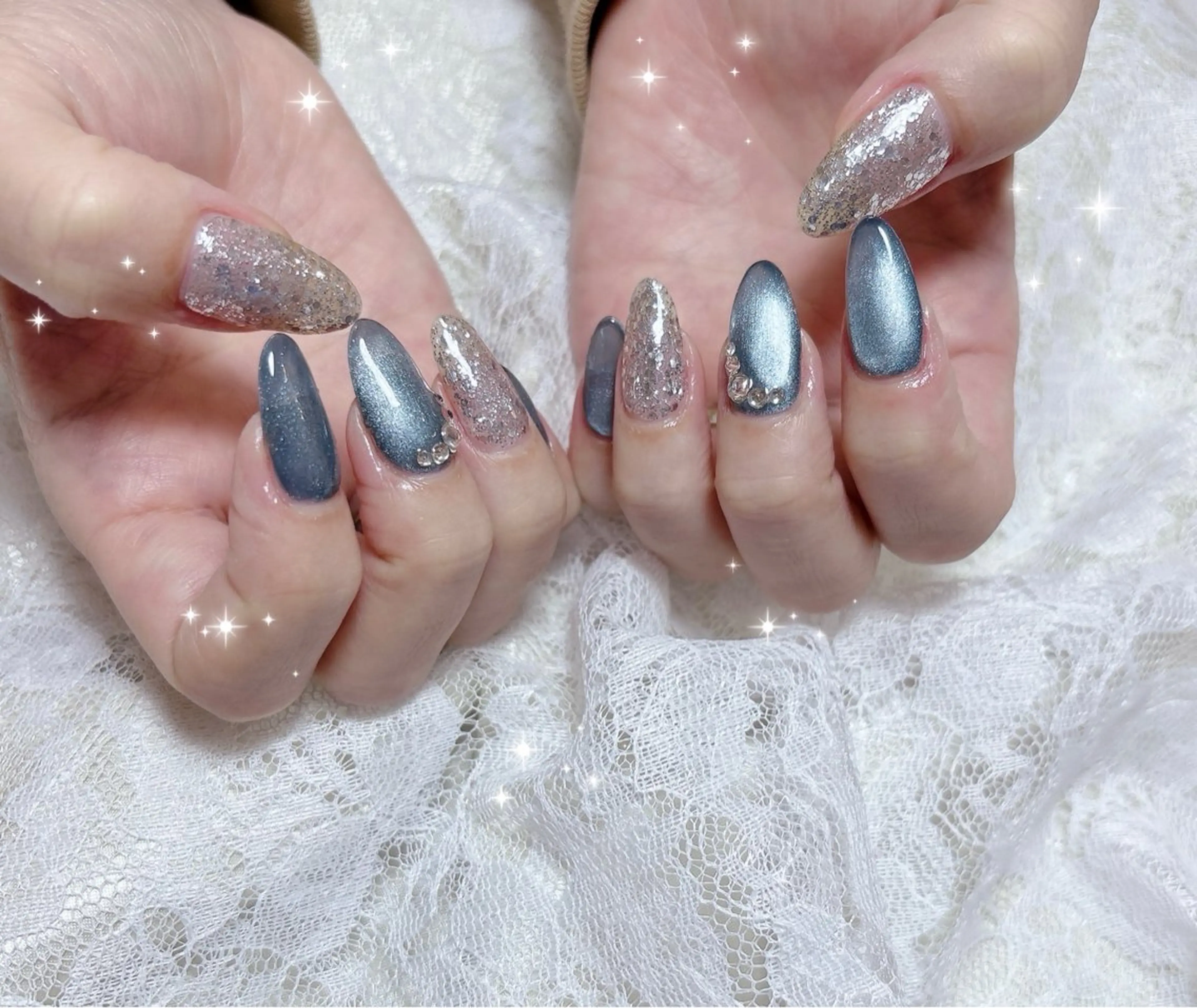 ネイル ブルー マグネットネイル シルバー ハンドネイル FLARE NAIL フレアネイルのネイルデザイン