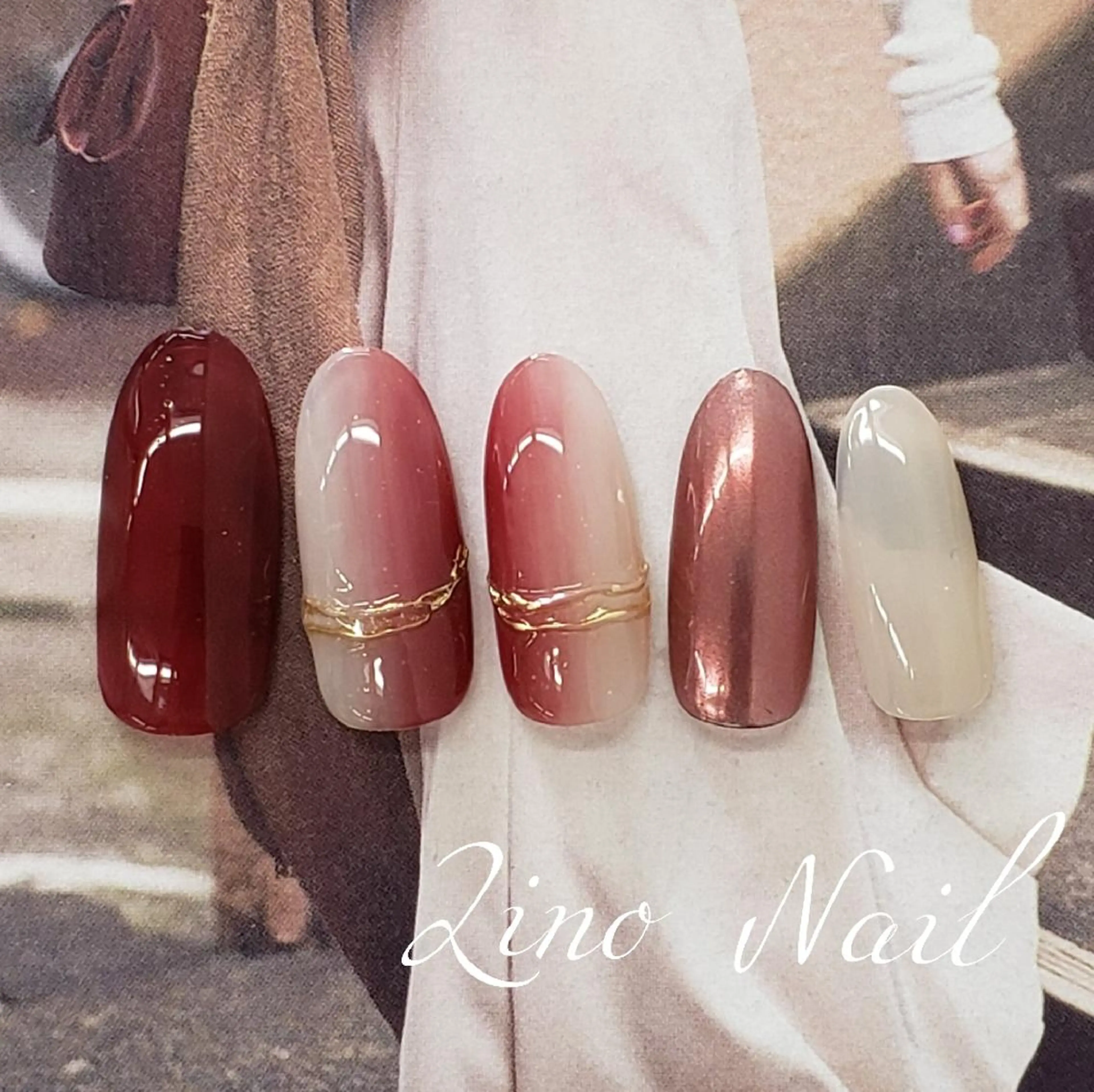 ネイル ボルドー カジュアル ジェルネイル グラデーション ミラーネイル ハンドネイル Lino Nailのネイルデザイン
