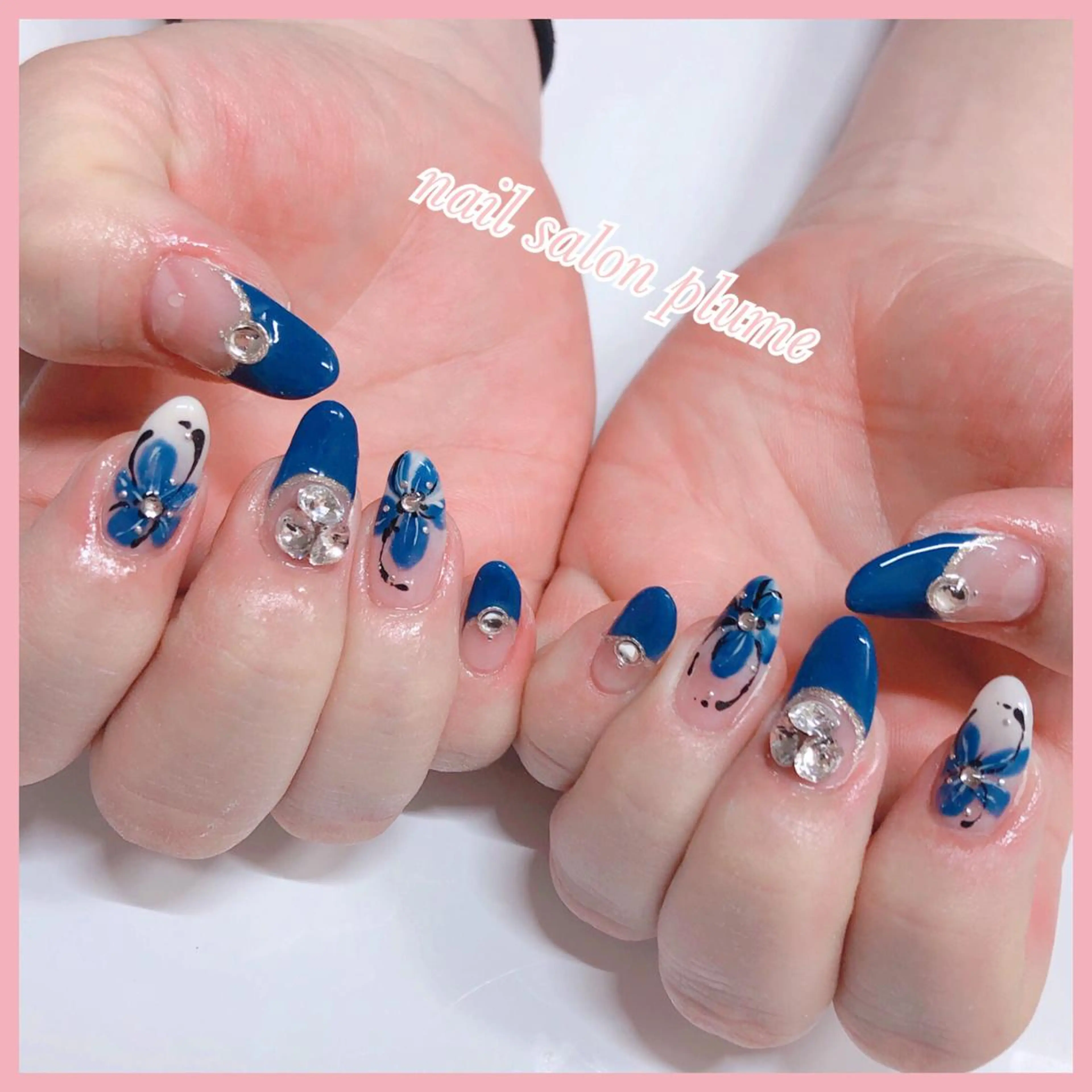 ネイル アートネイル ブルー フラワーネイル フレンチネイル ハート ハンドネイル plume nail ☆韓国ネイルのネイルデザイン