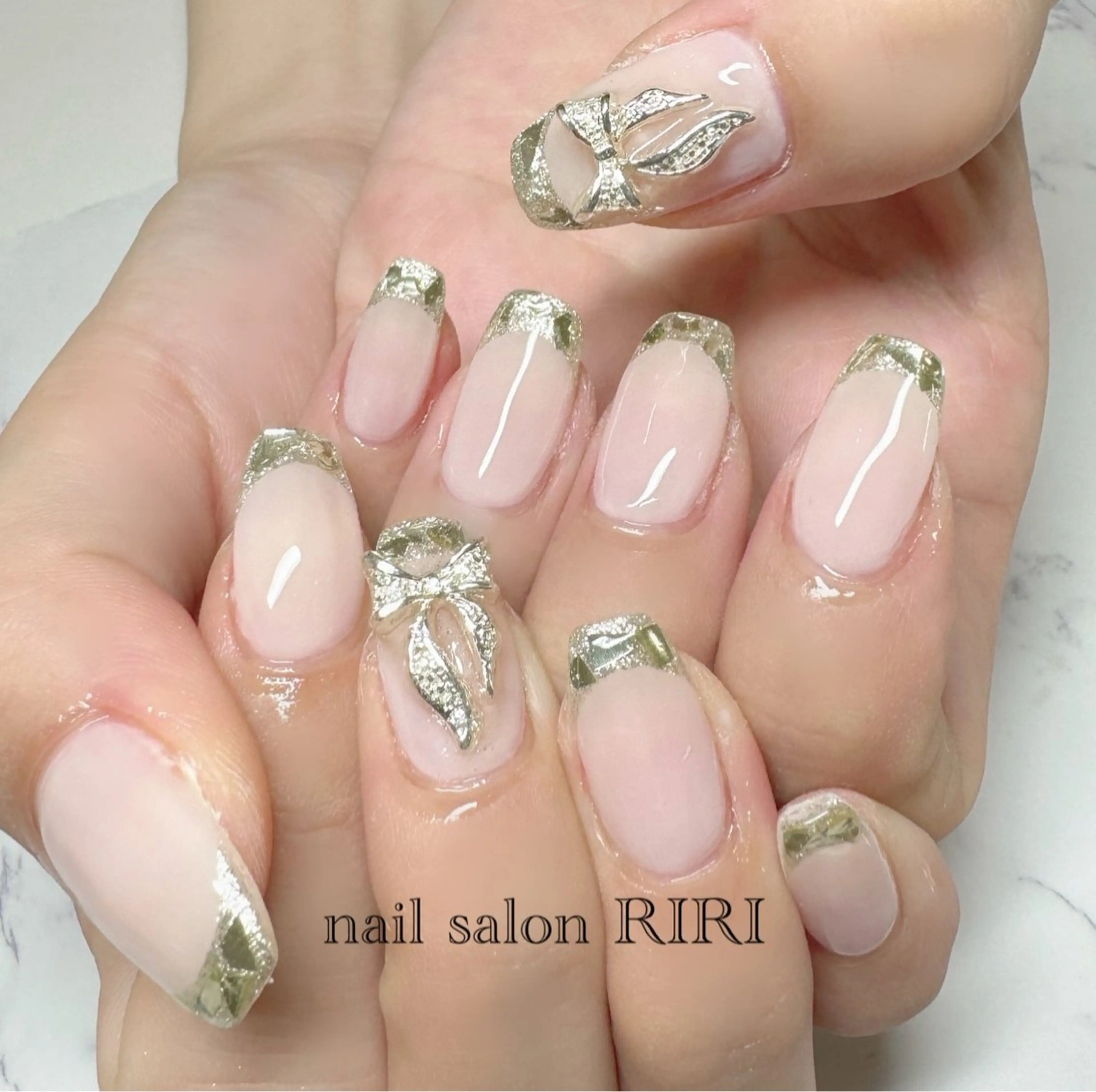 ネイル フレンチネイル ガラスフレンチ リボン private  nail  salon RIRI所属・RIRI リリのネイルデザイン