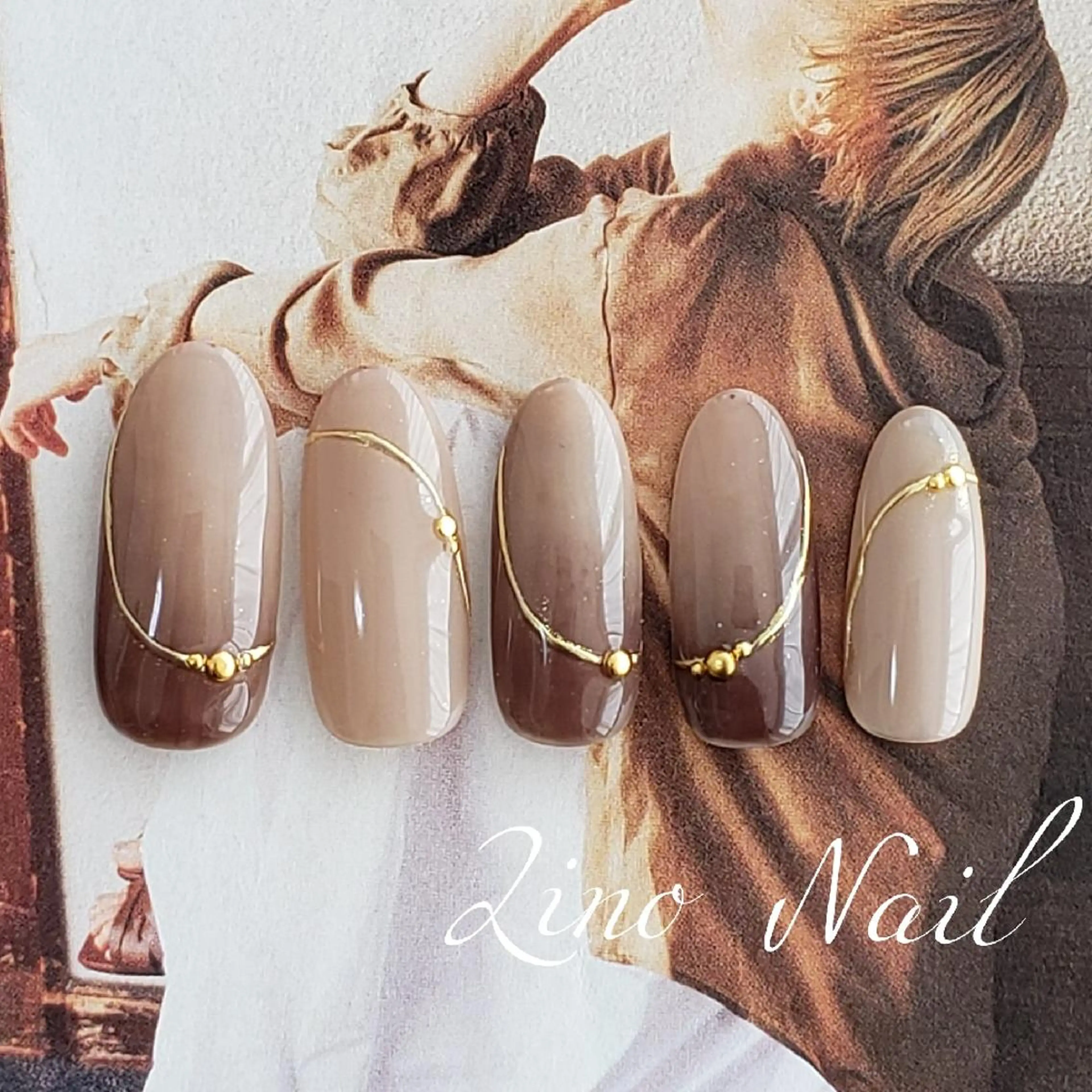 ネイル ブラウン カジュアル ジェルネイル グラデーション ミラーネイル ハンドネイル Lino Nailのネイルデザイン