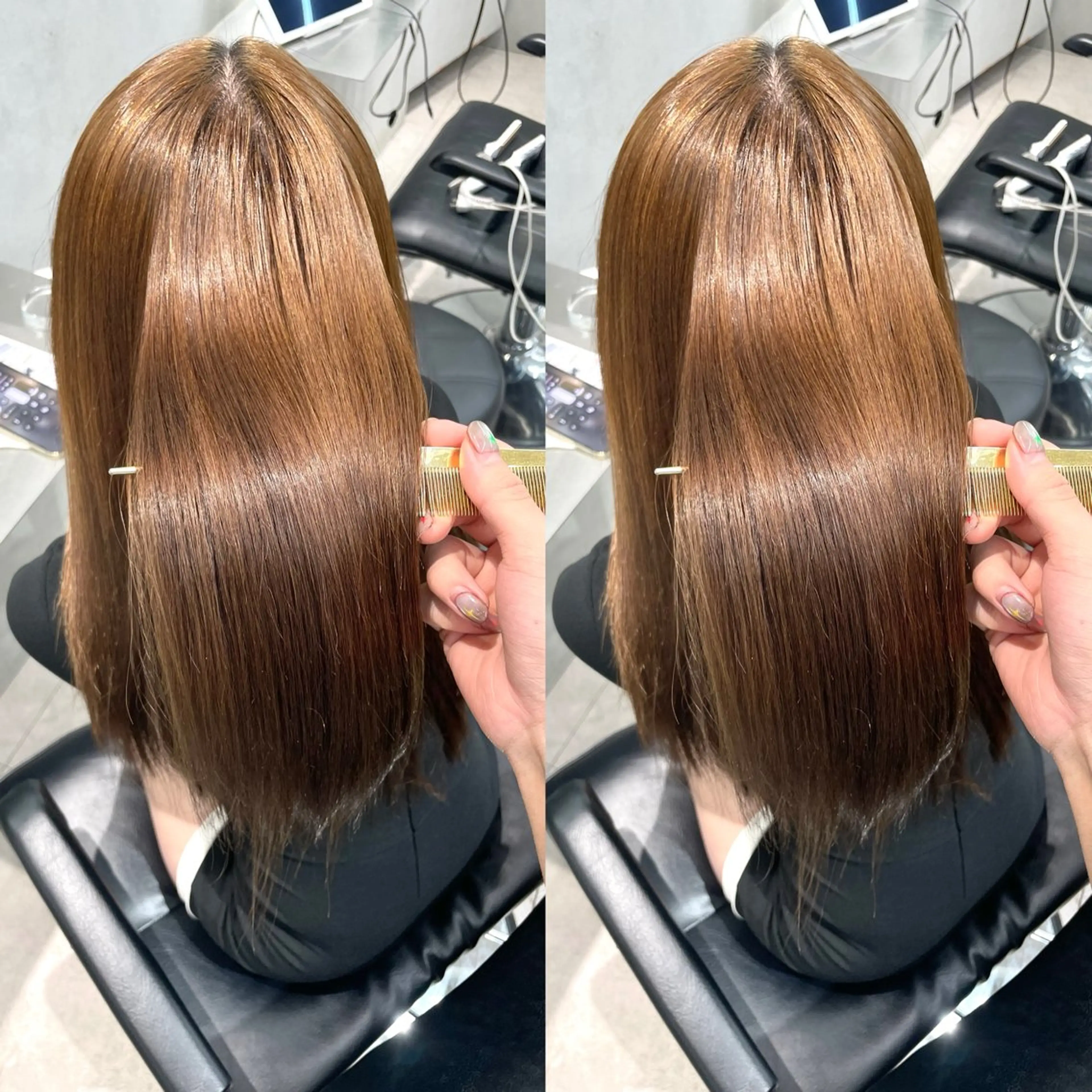 ロング カラー パーマ ベージュカラー ブラウンカラー ケアカラー オリーブベージュ 髪質改善 ヘアカラー 縮毛矯正 ONYX 表参道所属・表参道/ハイライト 髪質改善ストレートのヘアスタイル