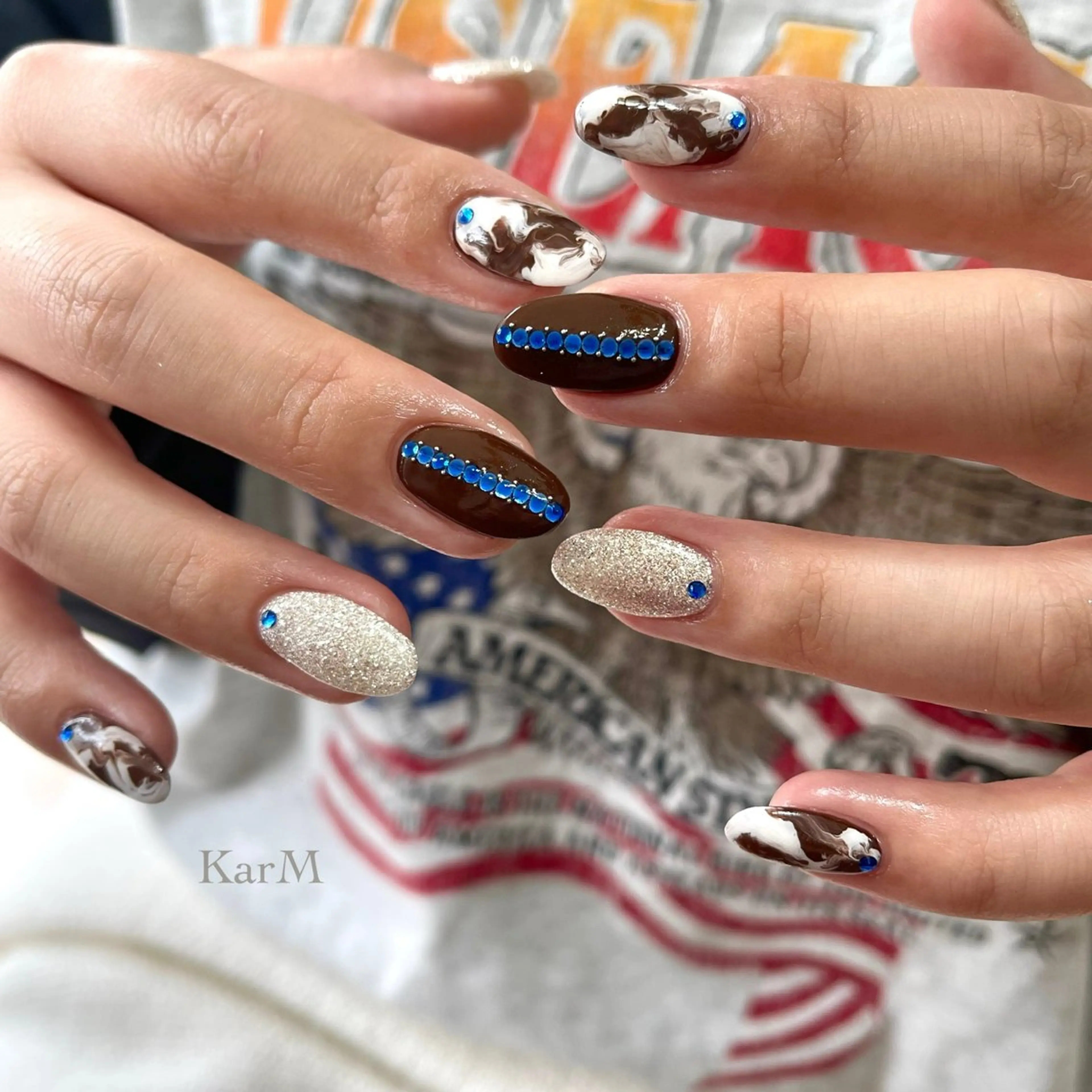 ネイル アートネイル オーロラネイル ブルー ブラウン チークネイル ハンドネイル ogino karinのネイルデザイン