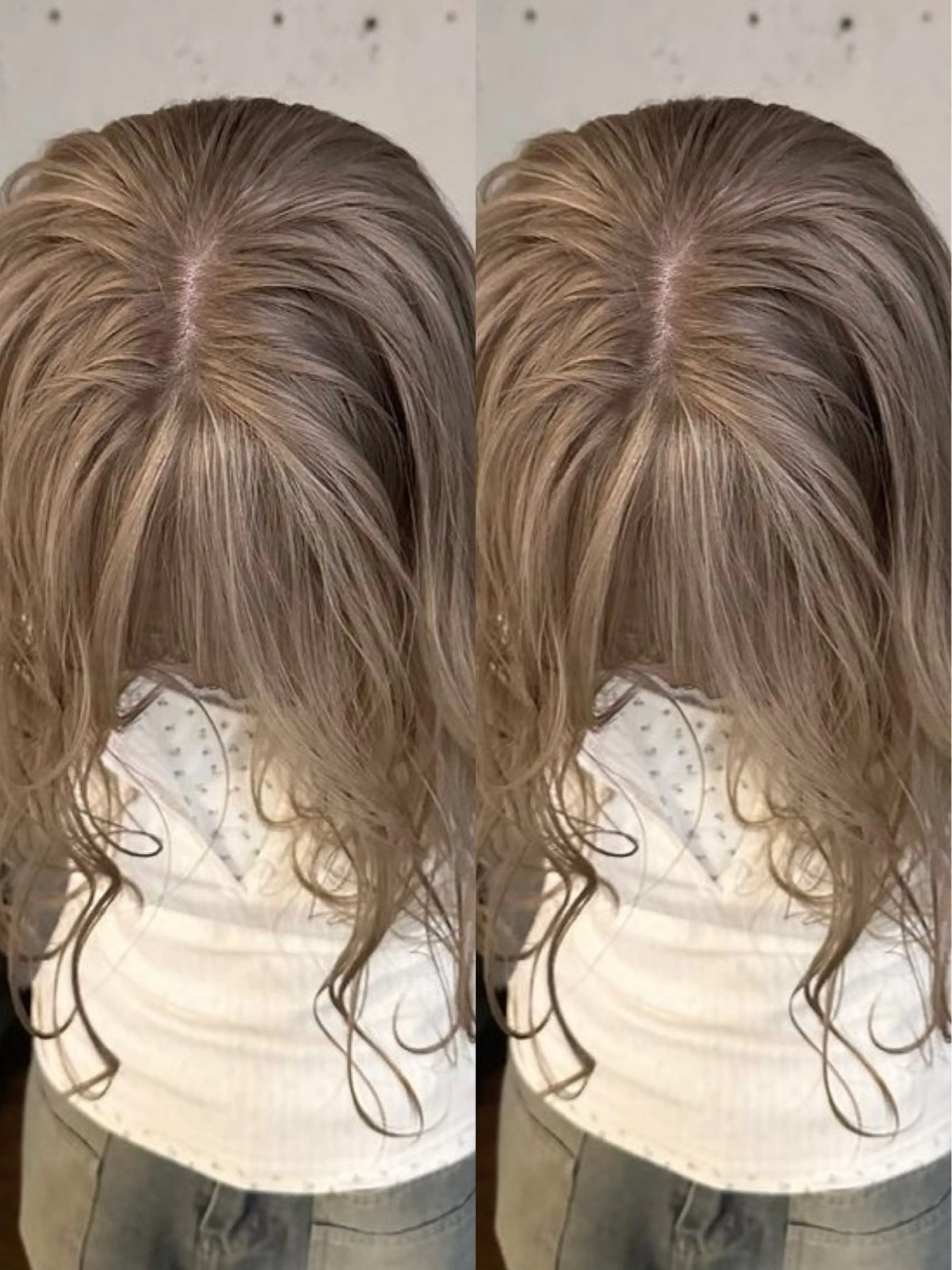 ロング カラー ベージュカラー ブリーチ グレージュ ミルクティーベージュ ヘアカラー ⚡️ブリーチリタッチ グレー/ハイライトのヘアスタイル
