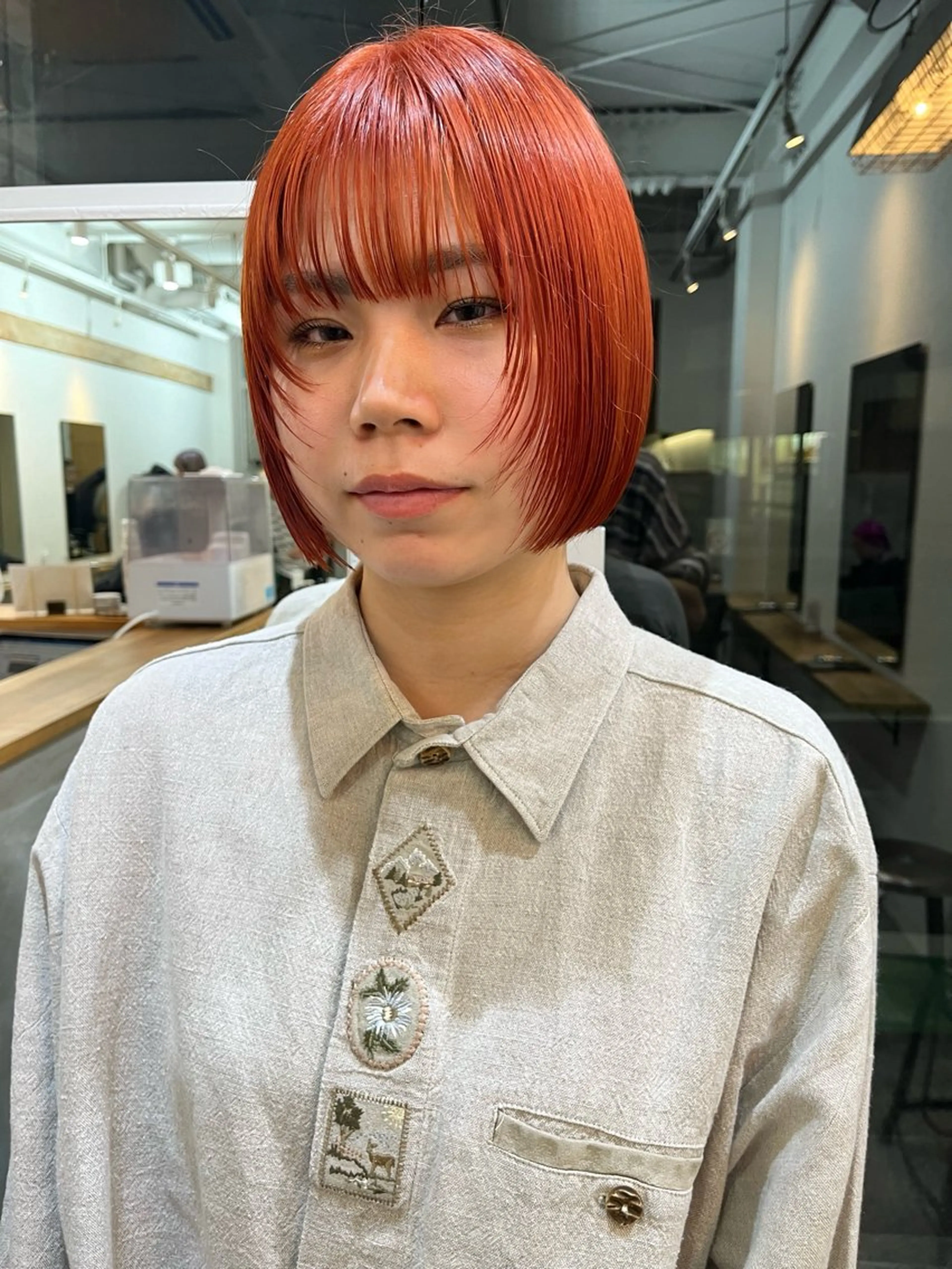 ミディアム カラー ボブレイヤー ブリーチ ケアブリーチ ハイトーンカラー オレンジ 金井京介/パーマ /レイヤー/ボブのヘアスタイル