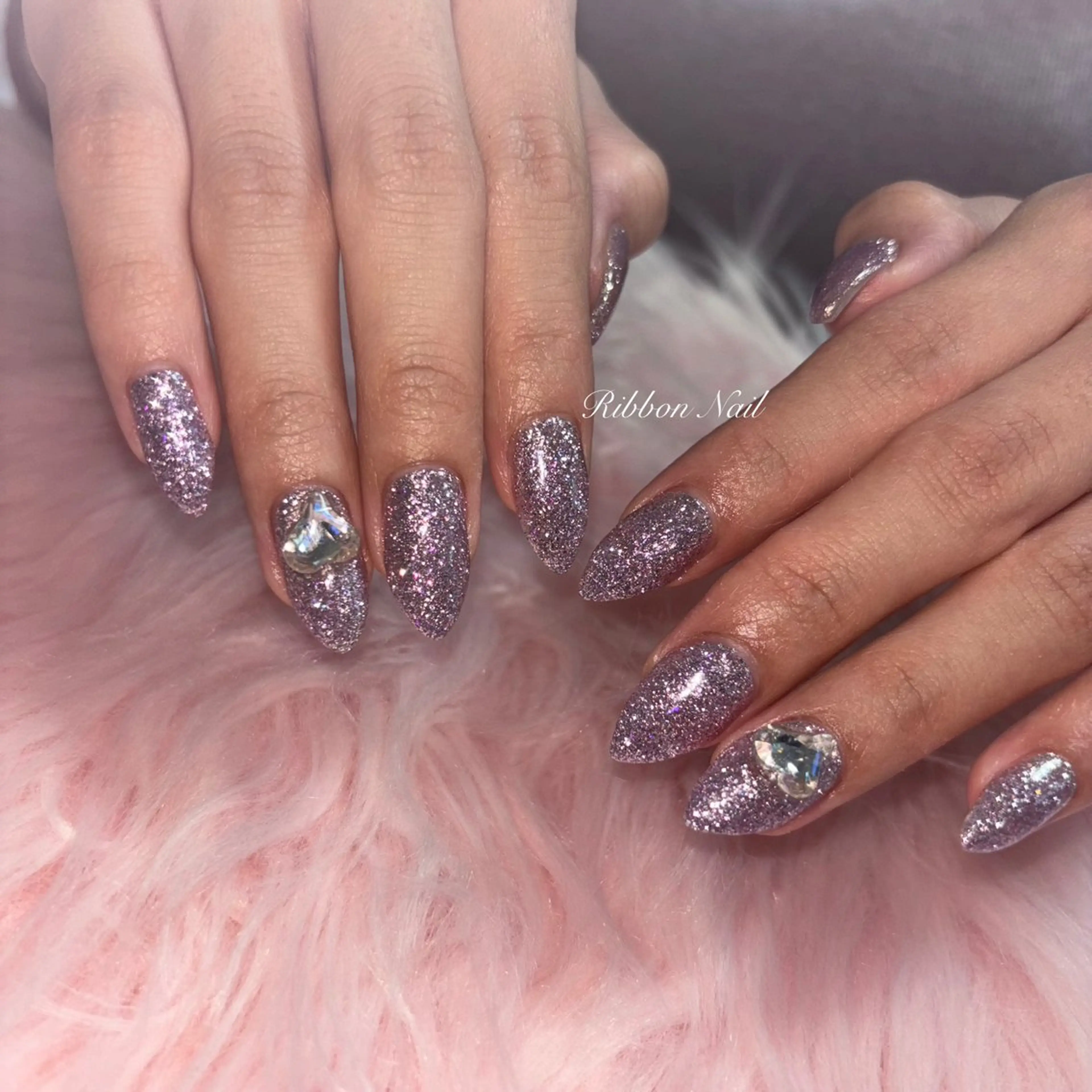 ネイル フラッシュネイル パープル ハンドネイル Ribbon nailのネイルデザイン