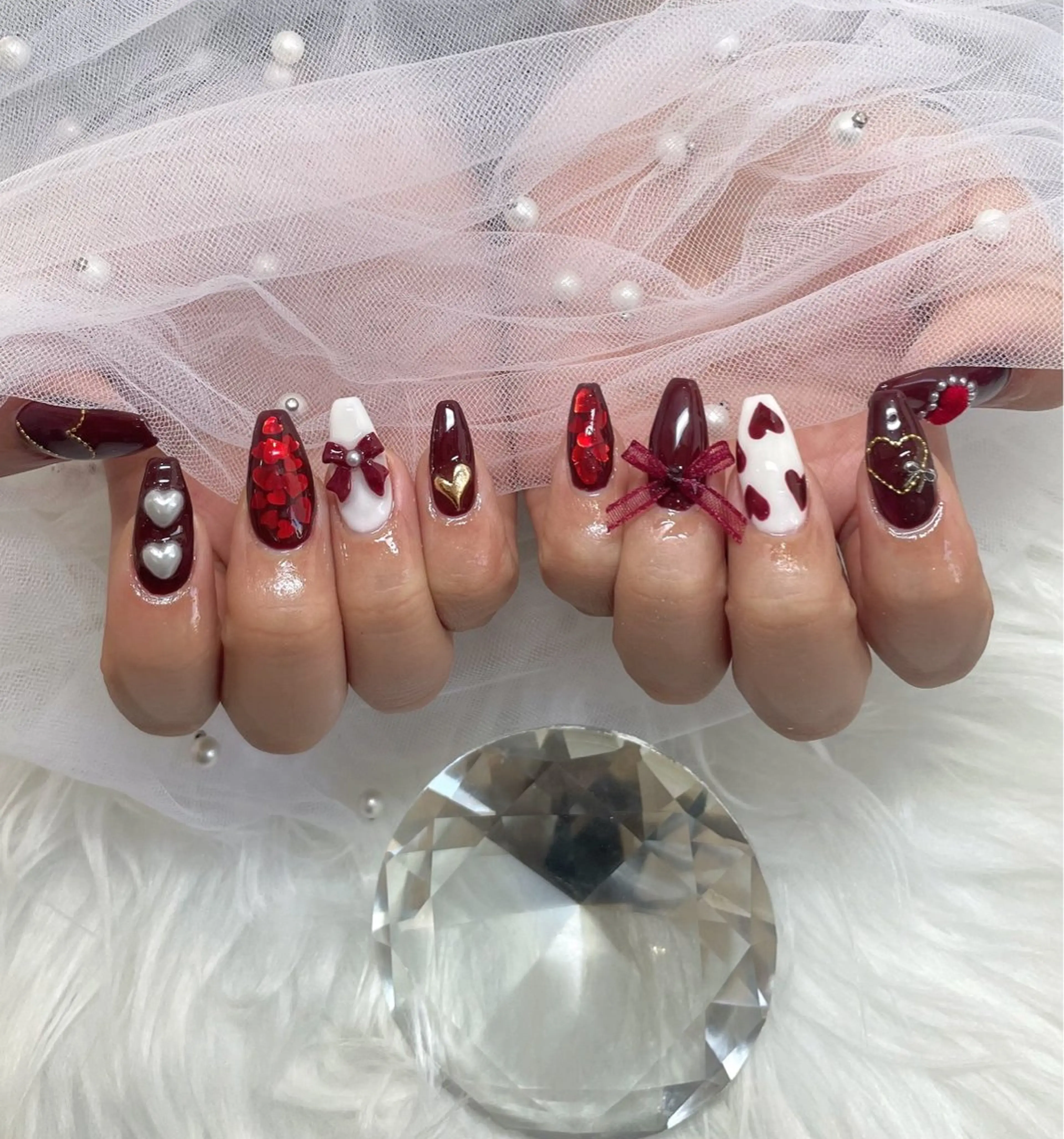 ネイル ハート レース リボン ハンドネイル e-up by boss所属・e-up nail Arisaのネイルデザイン