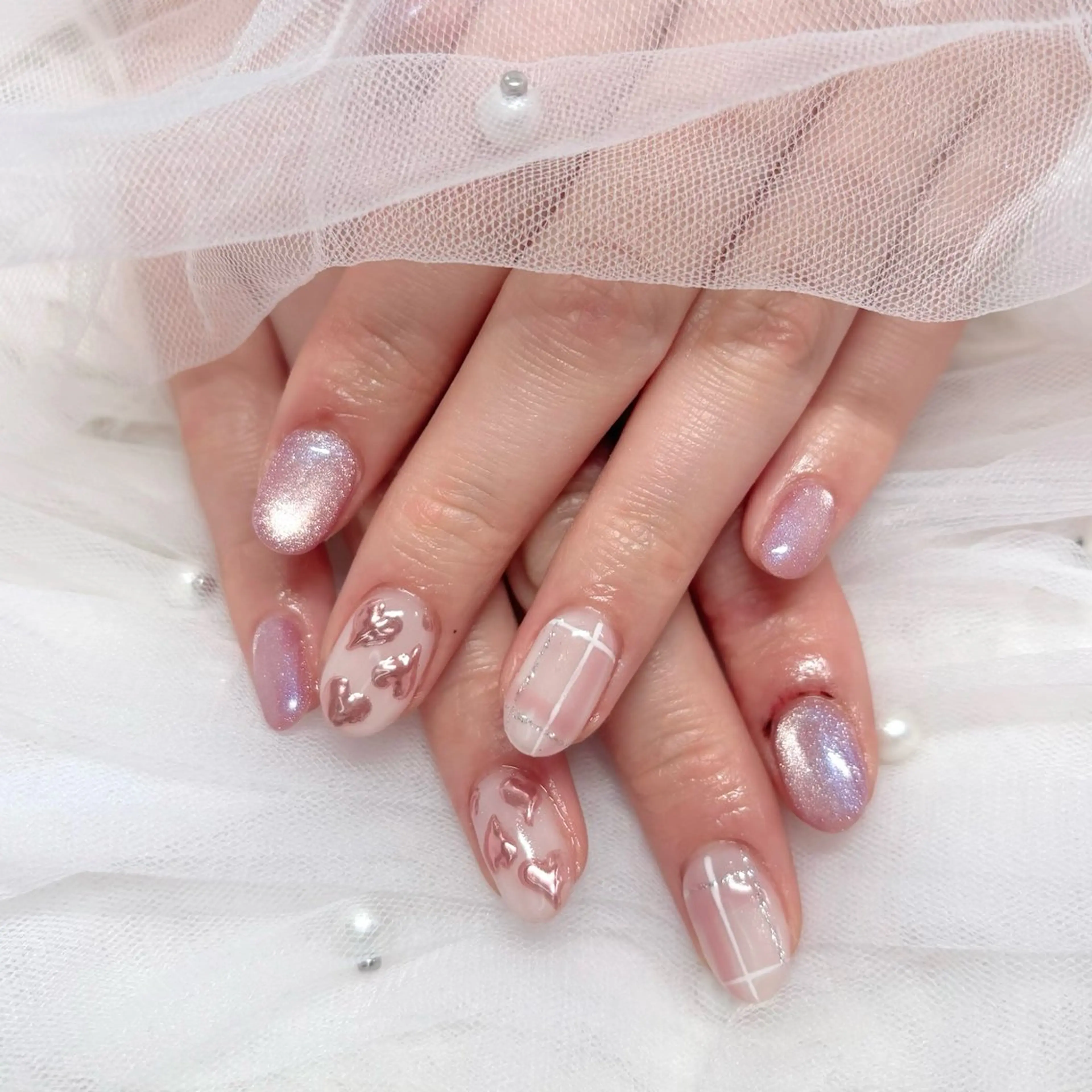 ネイル ジェルネイル ハート マグネットネイル ミラーネイル パラジェル ハンドネイル Noix nailのネイルデザイン