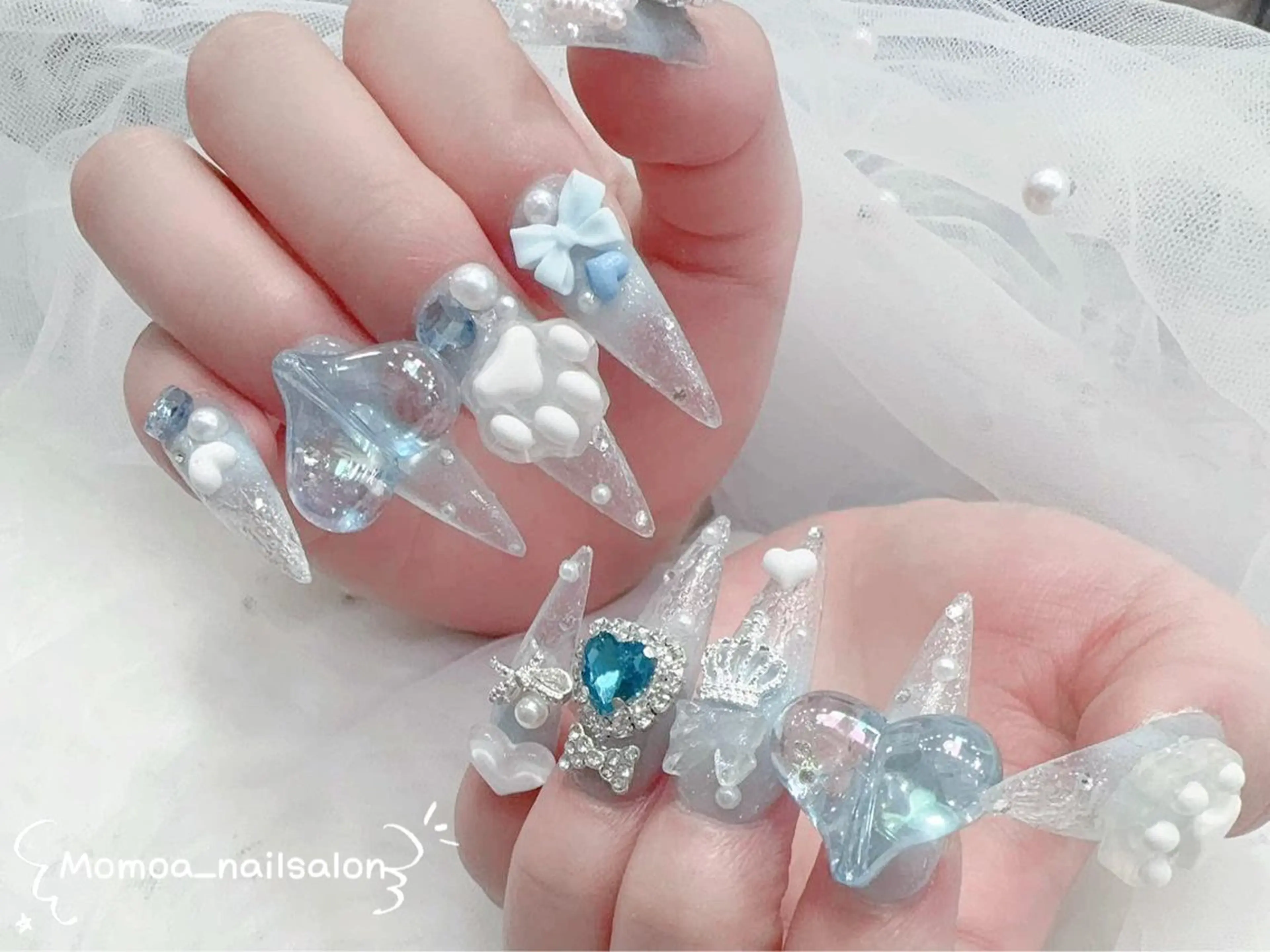 ネイル 成人式 ロングネイル マグネットネイル 大理石ネイル(マーブル) リボン ハンドネイル Momoa nail salon所属・MoMoA Nail ネイル長さ出し専門店のネイルデザイン