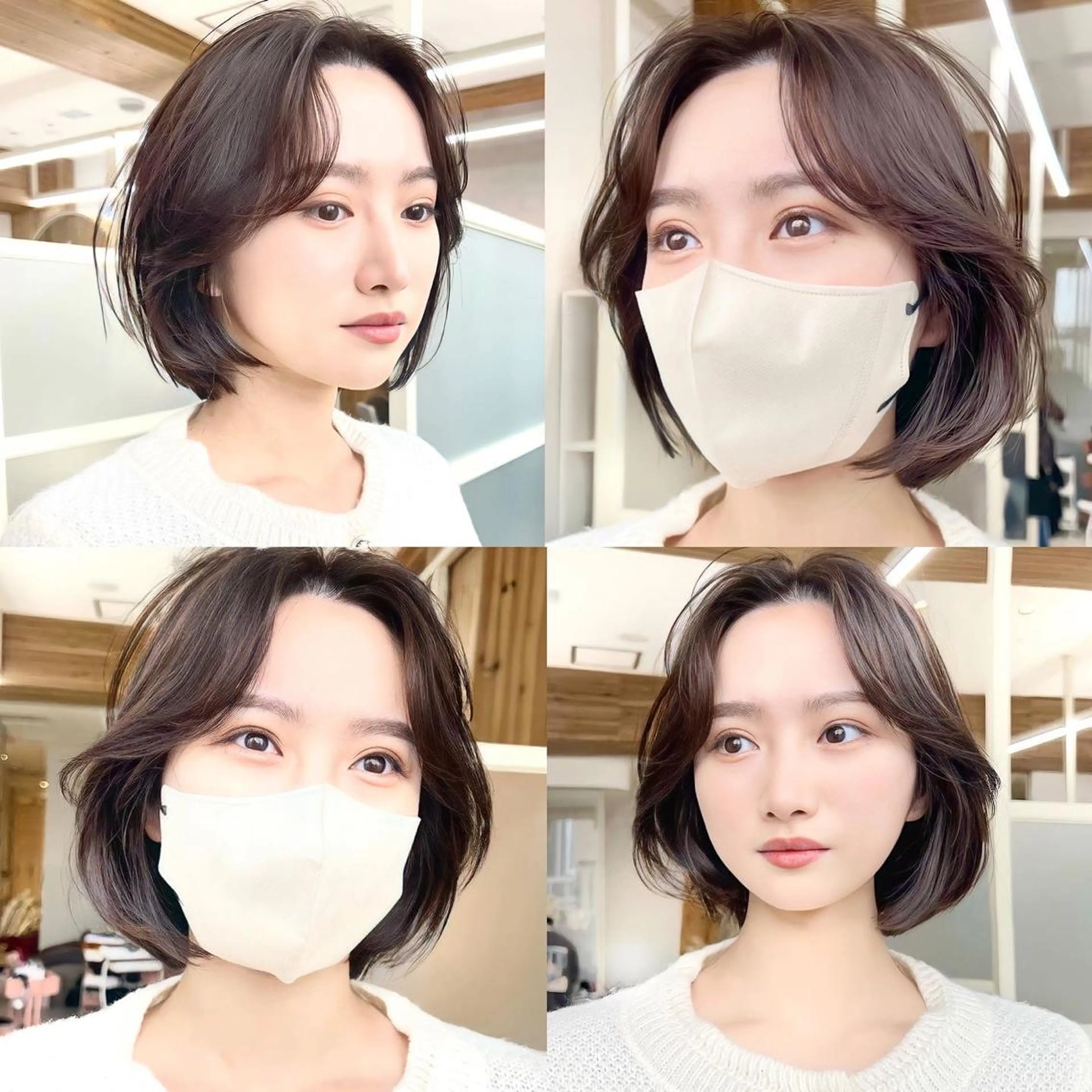 ショート カラー パーマ ヘアアレンジ 切りっぱなしボブ 前下がりボブ ベージュカラー ブリーチ グレージュ カット ヘアカラー トリートメント ニュアンスレイヤー ハイトーンカラーのヘアスタイル